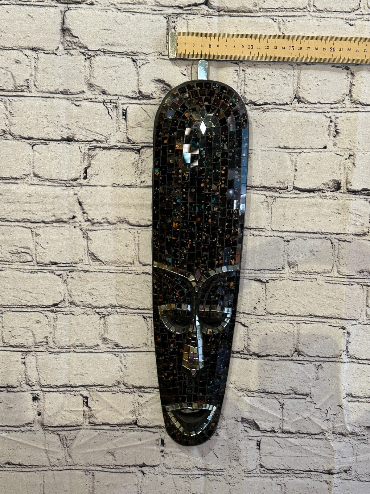 50cm Black Mosaic Mirror Mask Carved Painted Ethnic Tribal Wall Art Handmade