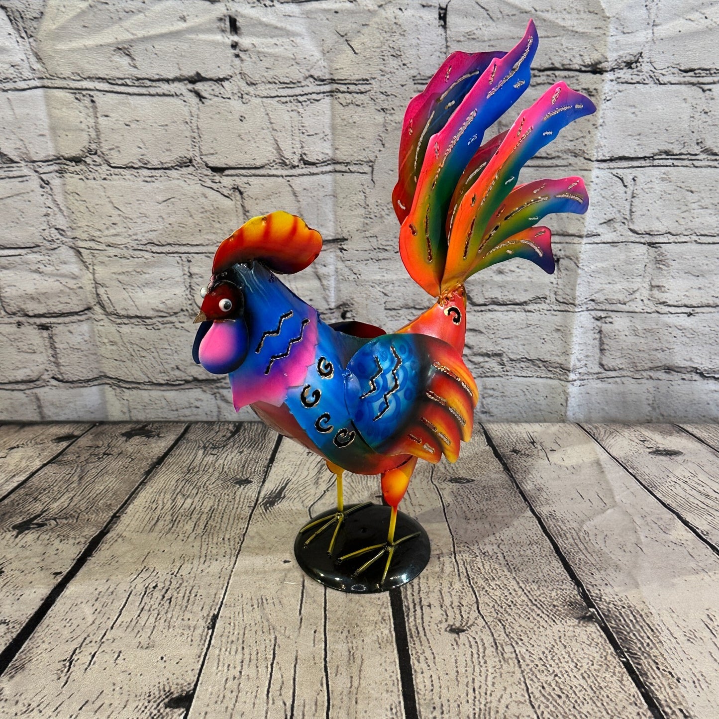 40cm x 25cm Blue Vibrant Metal Chicken Ornament Painted Statue Candle Holder