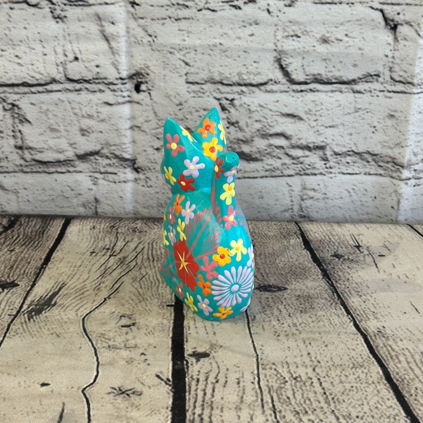 Blue Small Wooden Cat With Flower Pattern 12cm x 6cm Handmade and Fairtrade