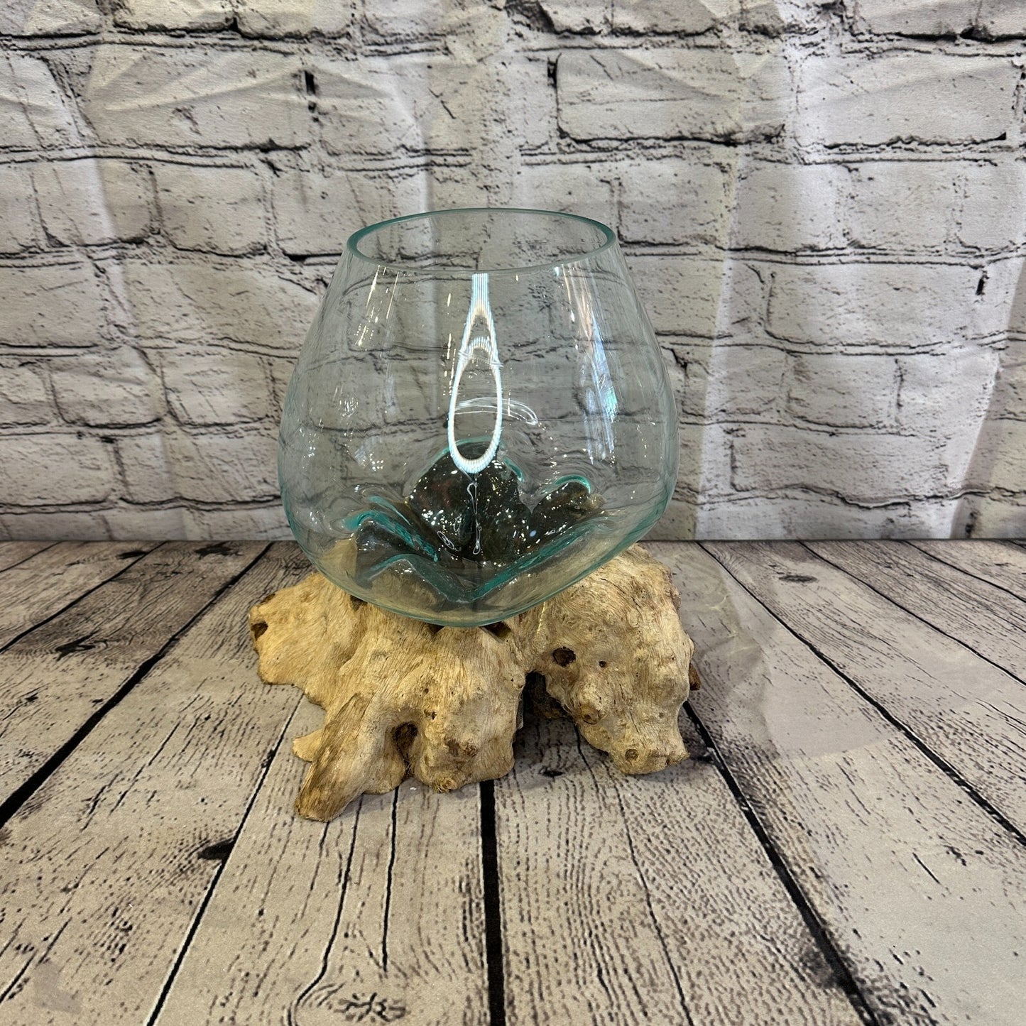 25cm x 25cm Molten Glass Round Bowl Natural Root Wood Base Stand Decor Ornament