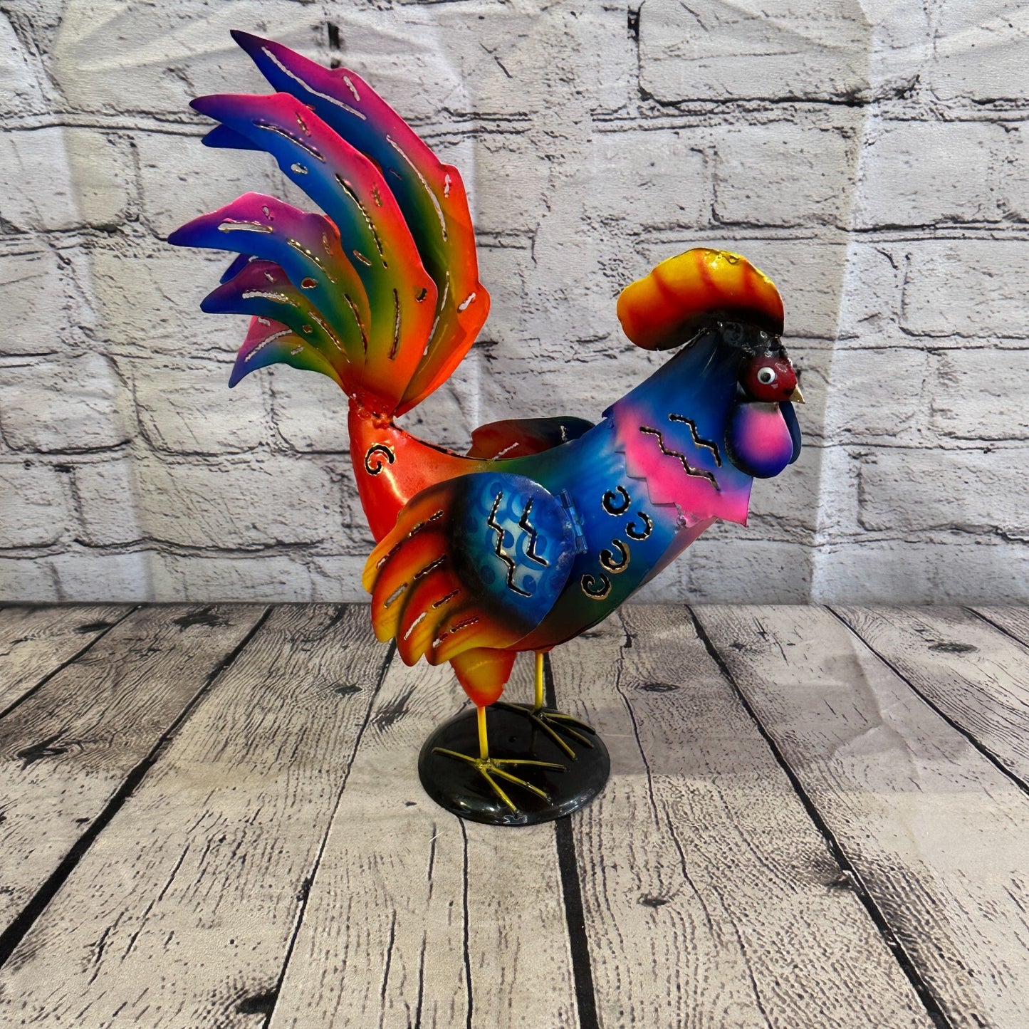 40cm x 25cm Blue Vibrant Metal Chicken Ornament Painted Statue Candle Holder