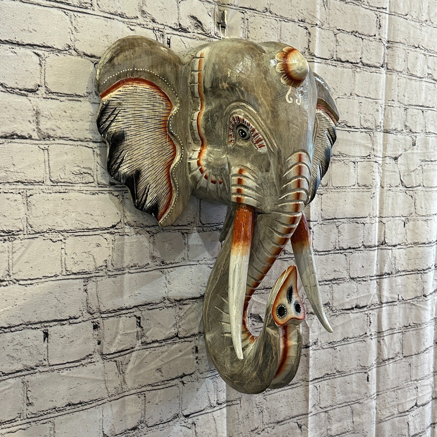 50cm x 45cm Grey Painted Wood Elephant Head Wall Mounted Art Large Shabby