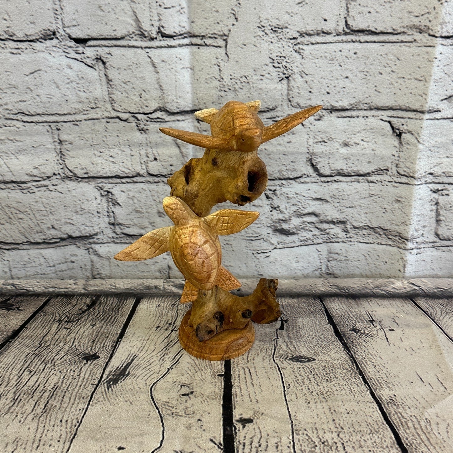 20cm Double Turtle Mushroom Parasite Ornament Natural Carving Fairtrade Wooden