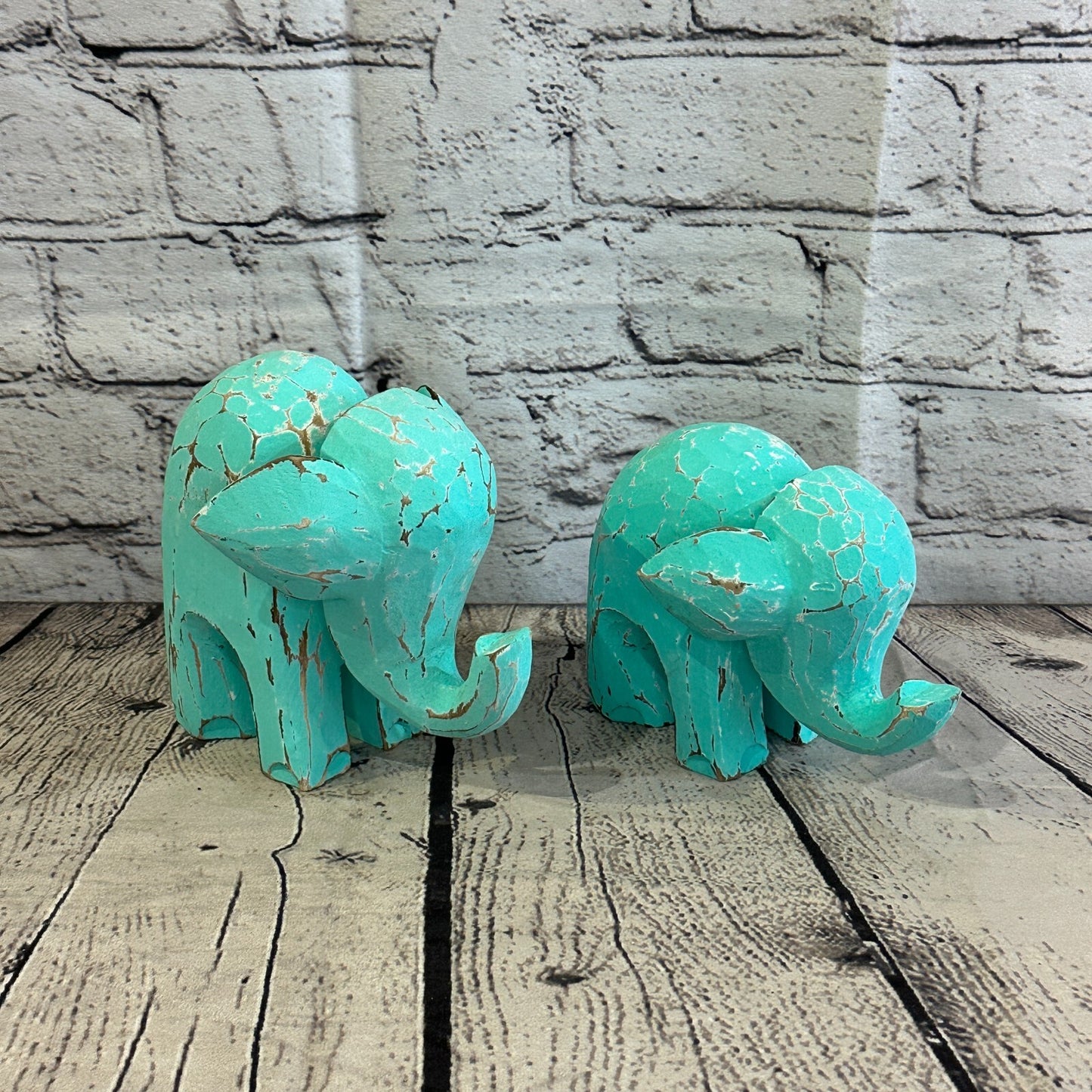 Green Wooden Elephant With Shabby Pattern 10cm x 10cm Handmade and Fairtrade