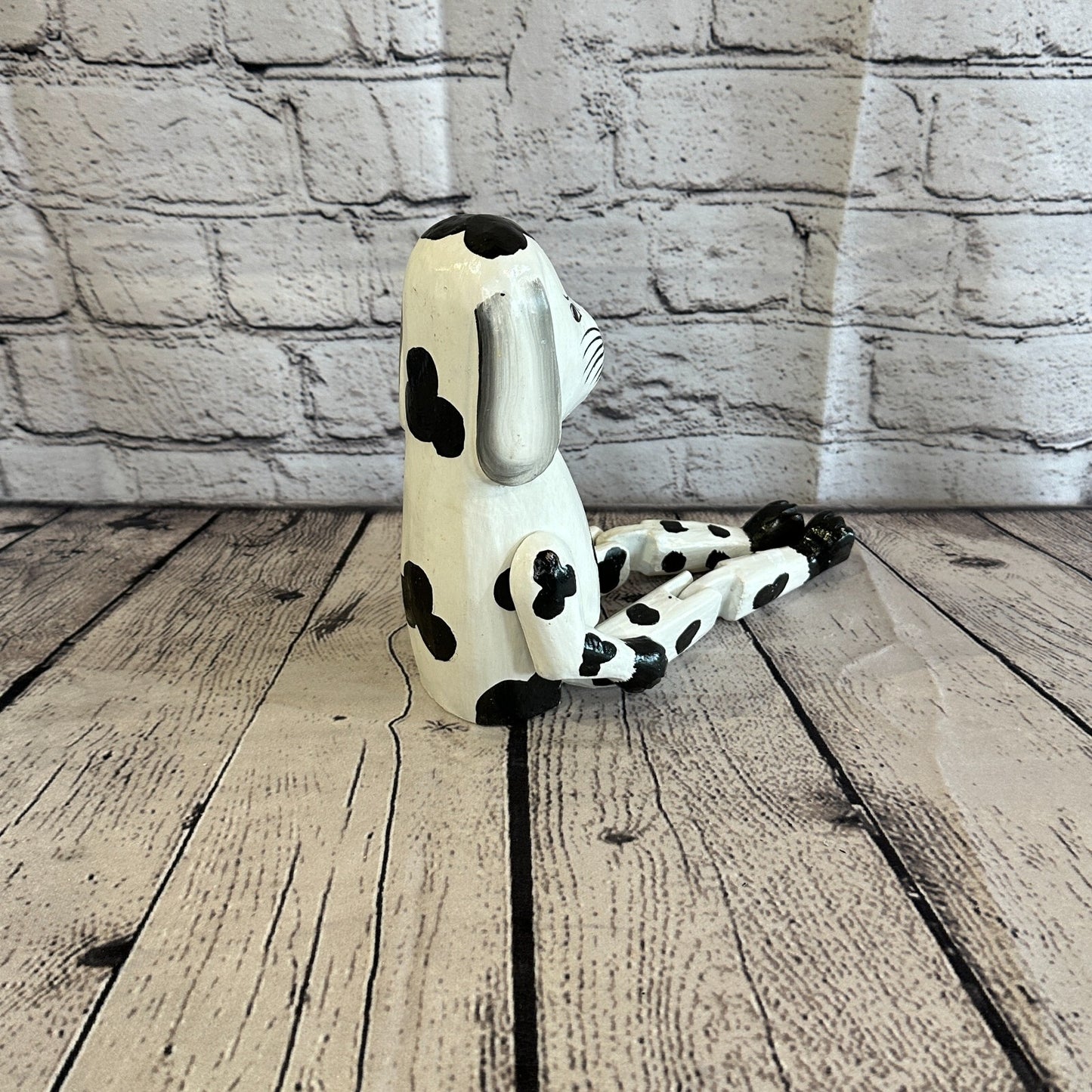 20cm Black White Dog Sitting Animal, Wooden Shelf Ornament Handmade & Fairtrade
