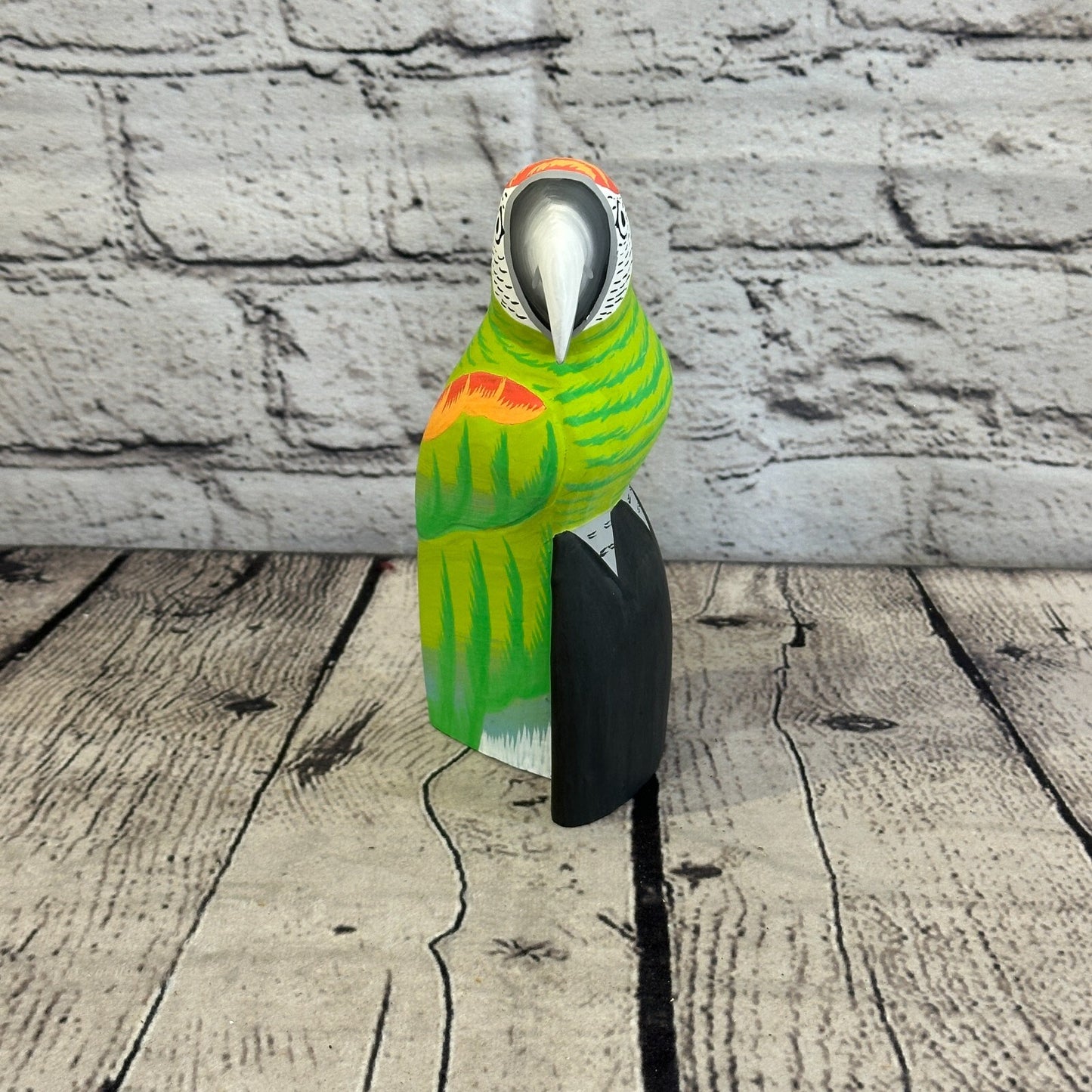 15cm Green Parrot Bird Ornament Statue Fair Trade Hand Made Carved Wood