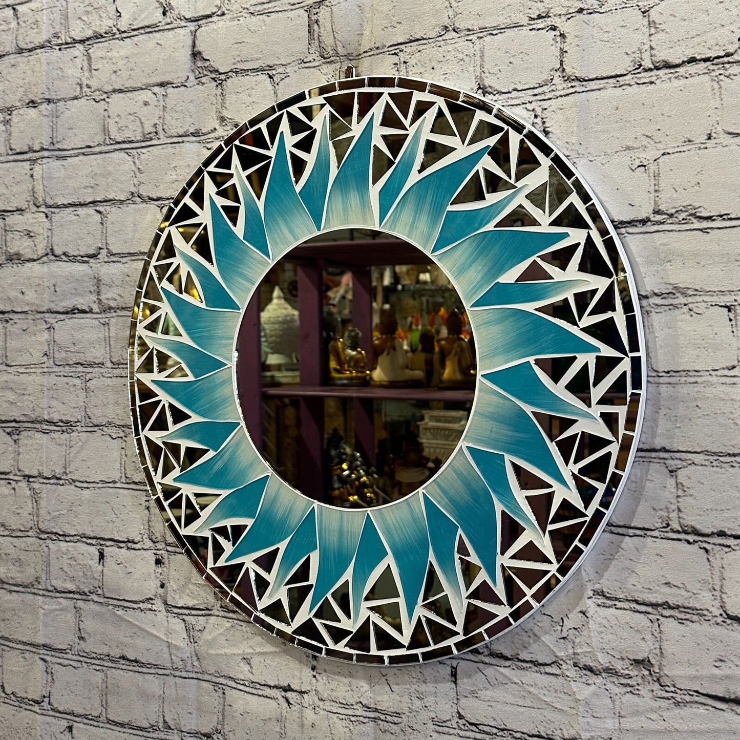 Turquoise Blue Flame Sun Mosaic Tile Wall Mirror 50cm x 50cm 20 Inches Handmade