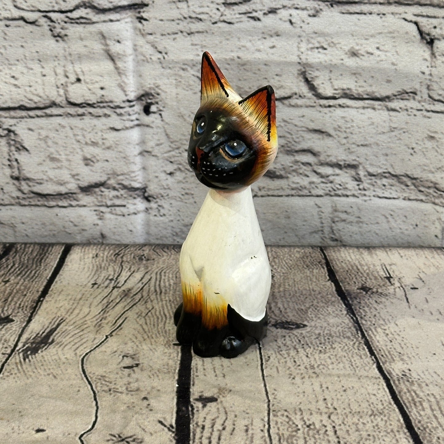 15cm x 6cm Grey Sitting Bobble Style Painted Wooden Hand Carved Cat Wooden