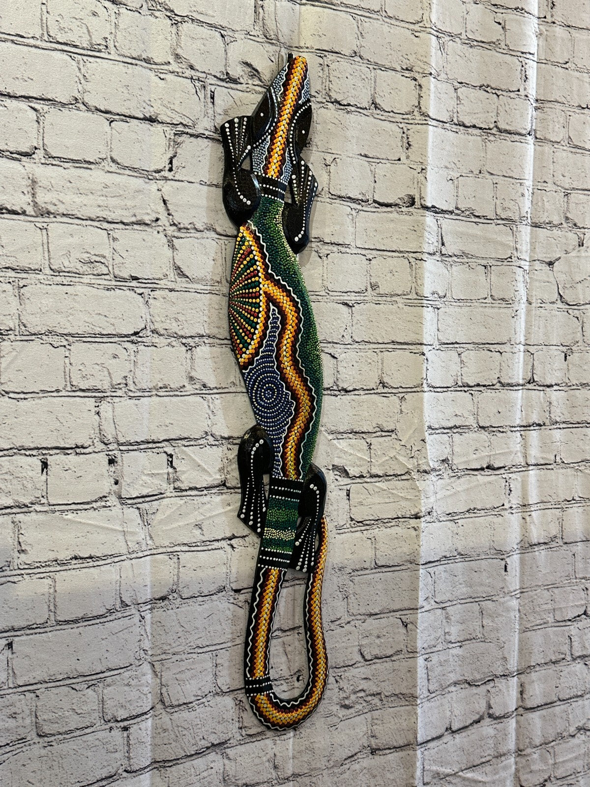 80cm Gecko Carved Wooden Dot Painted Ethnic Tribal Tiki Wall Handmade No 5