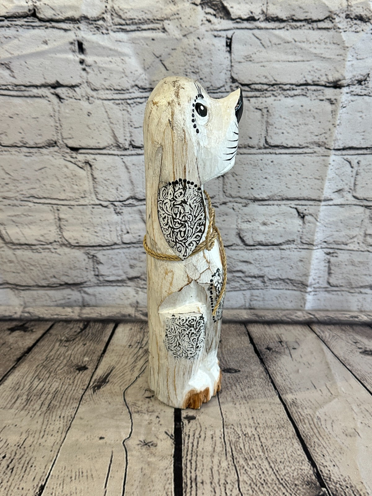 30cm White Flower Wooden Shabby Dog Statue Ornament Fair Trade Handcarved
