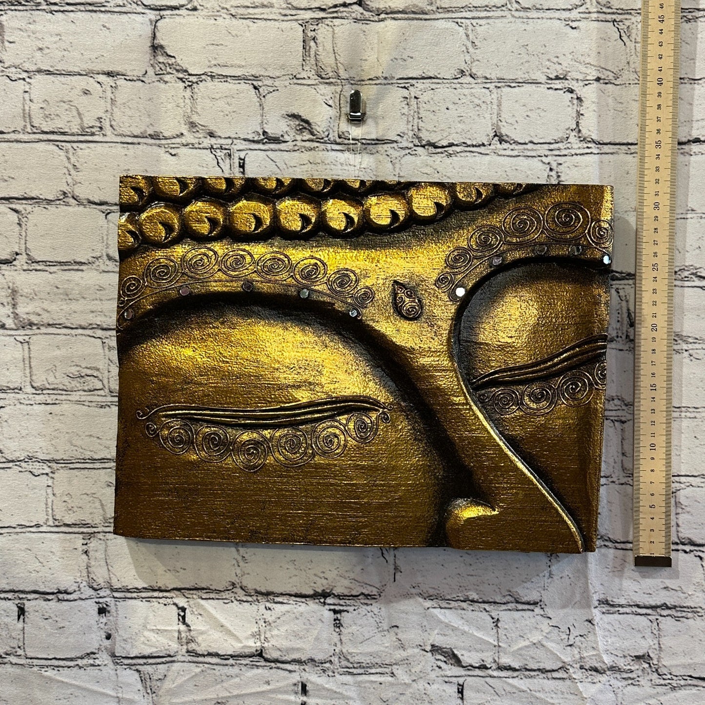 Wooden Wood Panel 40cm Brown Gold Buddha Eyes Lotus Wall Art Plaque Handcarved