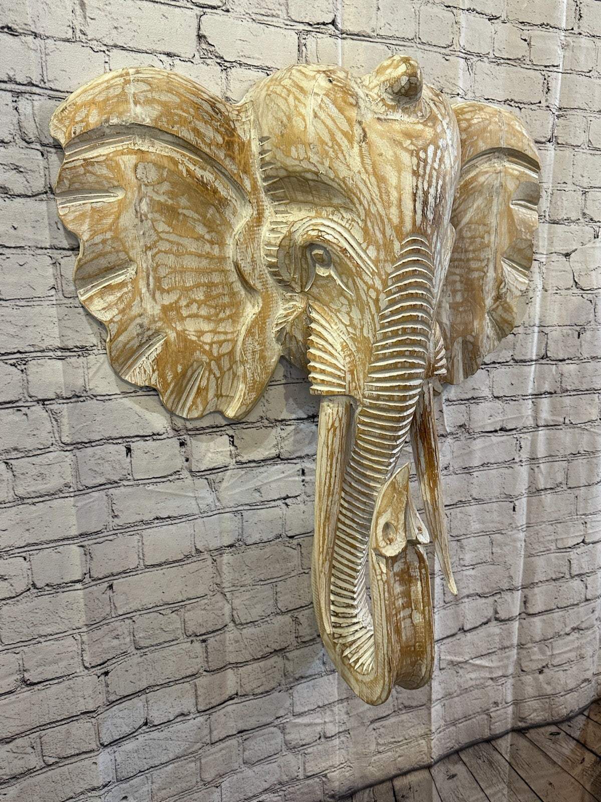 80cm x 60cm Cream White Carved Wood Elephant Head Wall Mounted Art Large Shabby