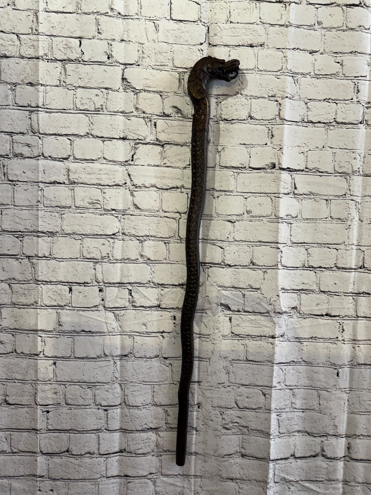 Chinese Dragon 90cm Tribal African Walking Stick Cane Hand Carved Dark Wood