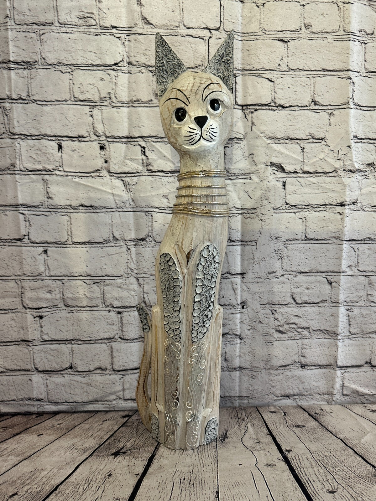 60cm White Swirl Flower Wooden Shabby Cat Statue Ornament Fair Trade Handcarved