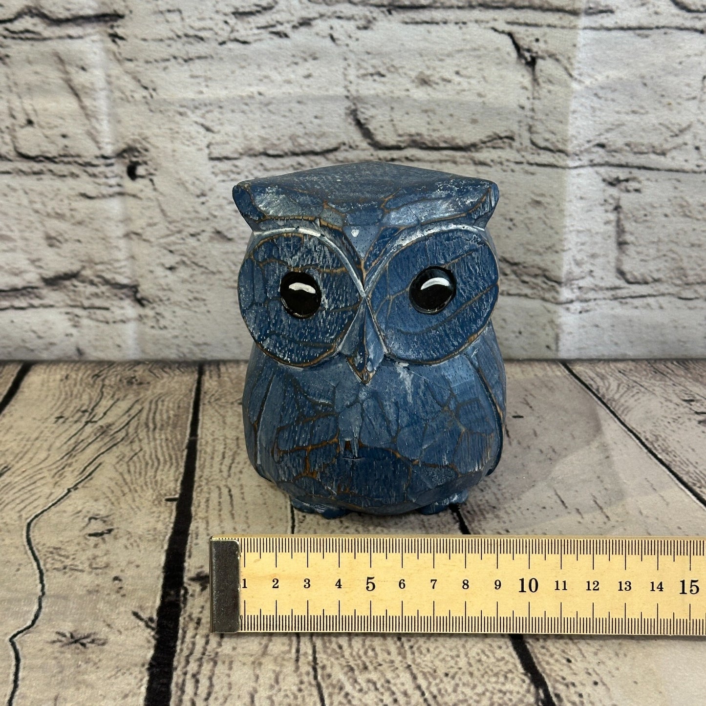 12cm x 10cm Blue Flower Wooden Shabby Owl Statue Ornament Fair Trade Handcarved