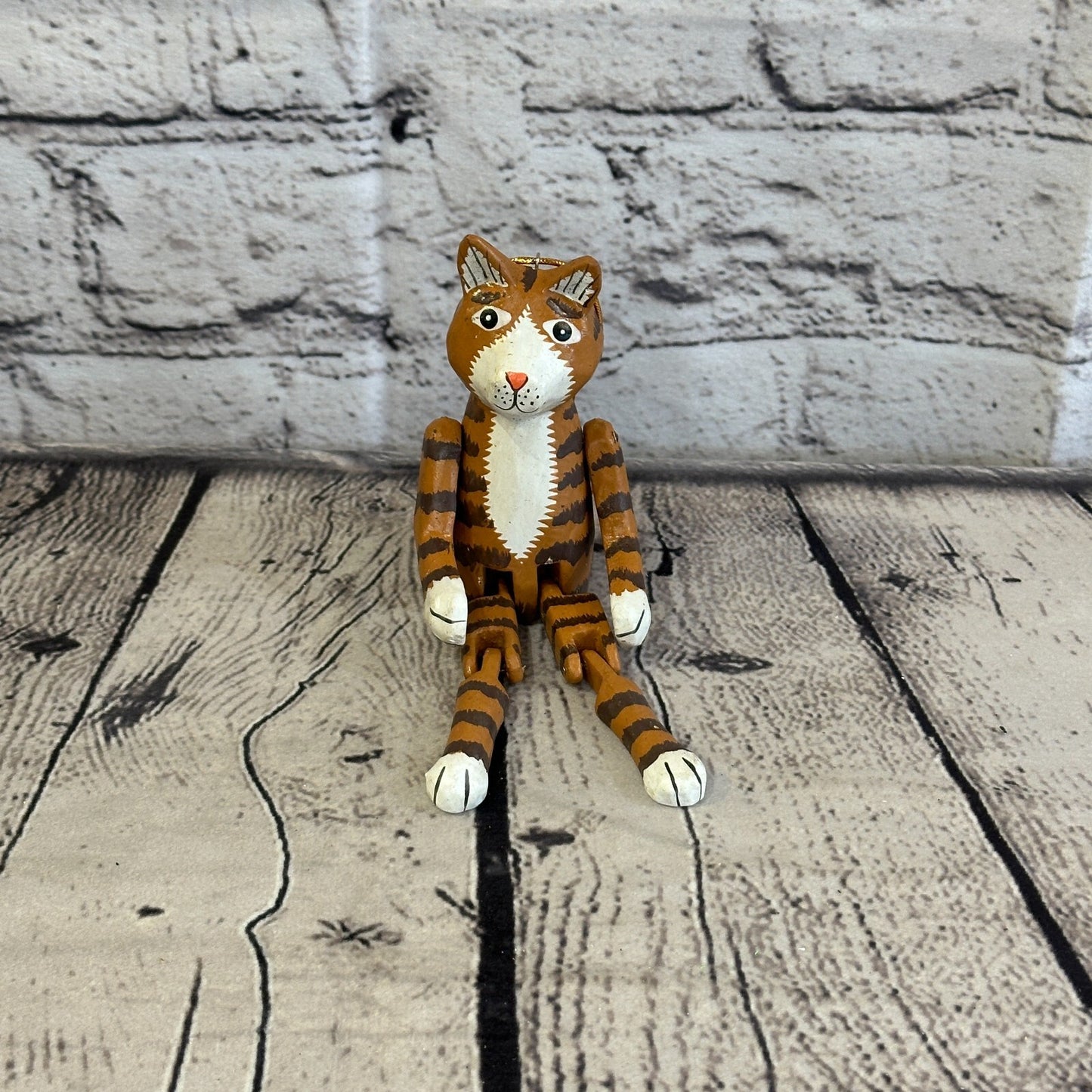 10cm Tabby Cat Sitting Animal, Wooden Shelf Ornament Handmade and Fairtrade