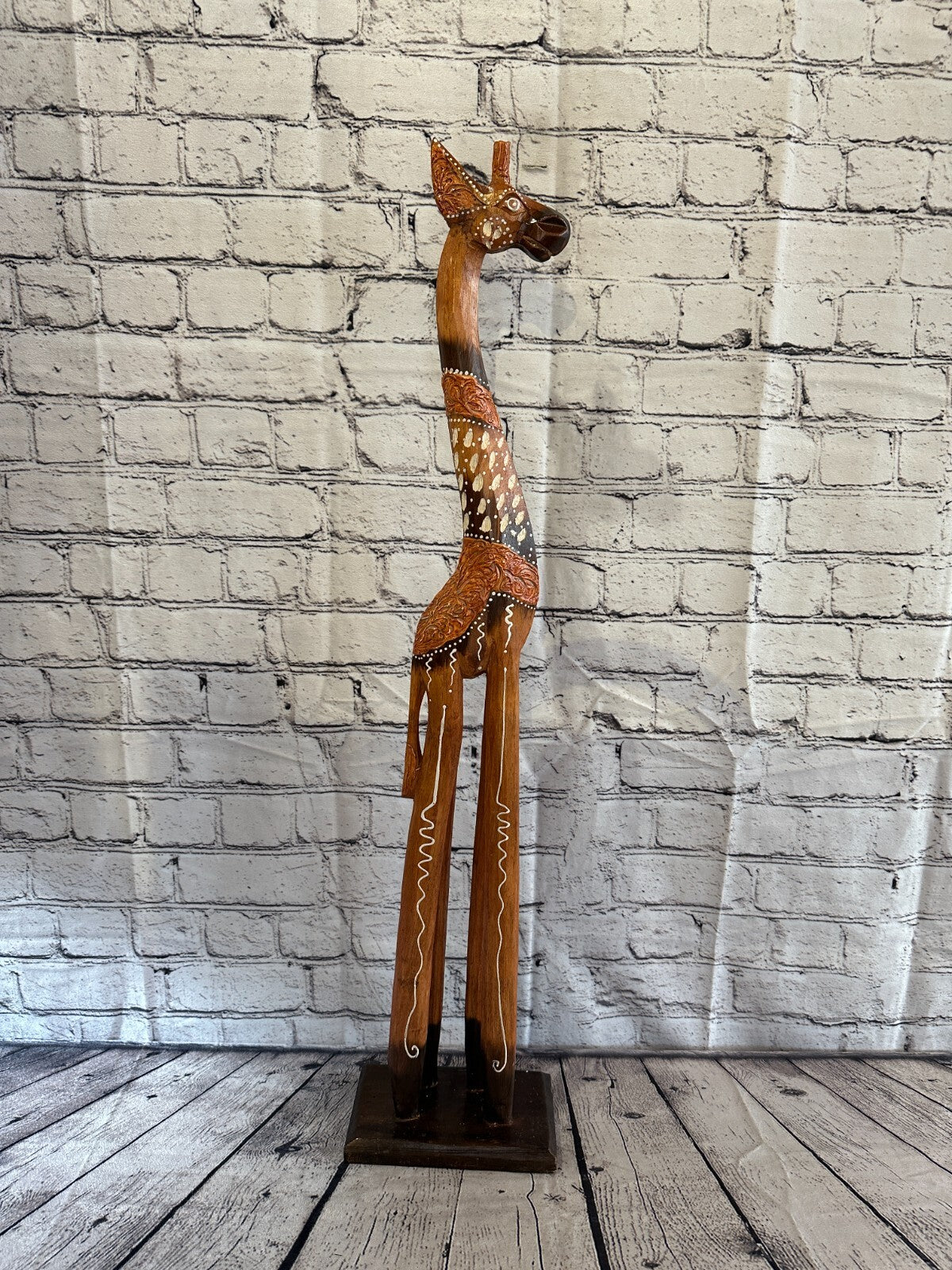 80cm Brown Painted Wood Giraffe Tall Statue Wood Modern Hand Carved Painted