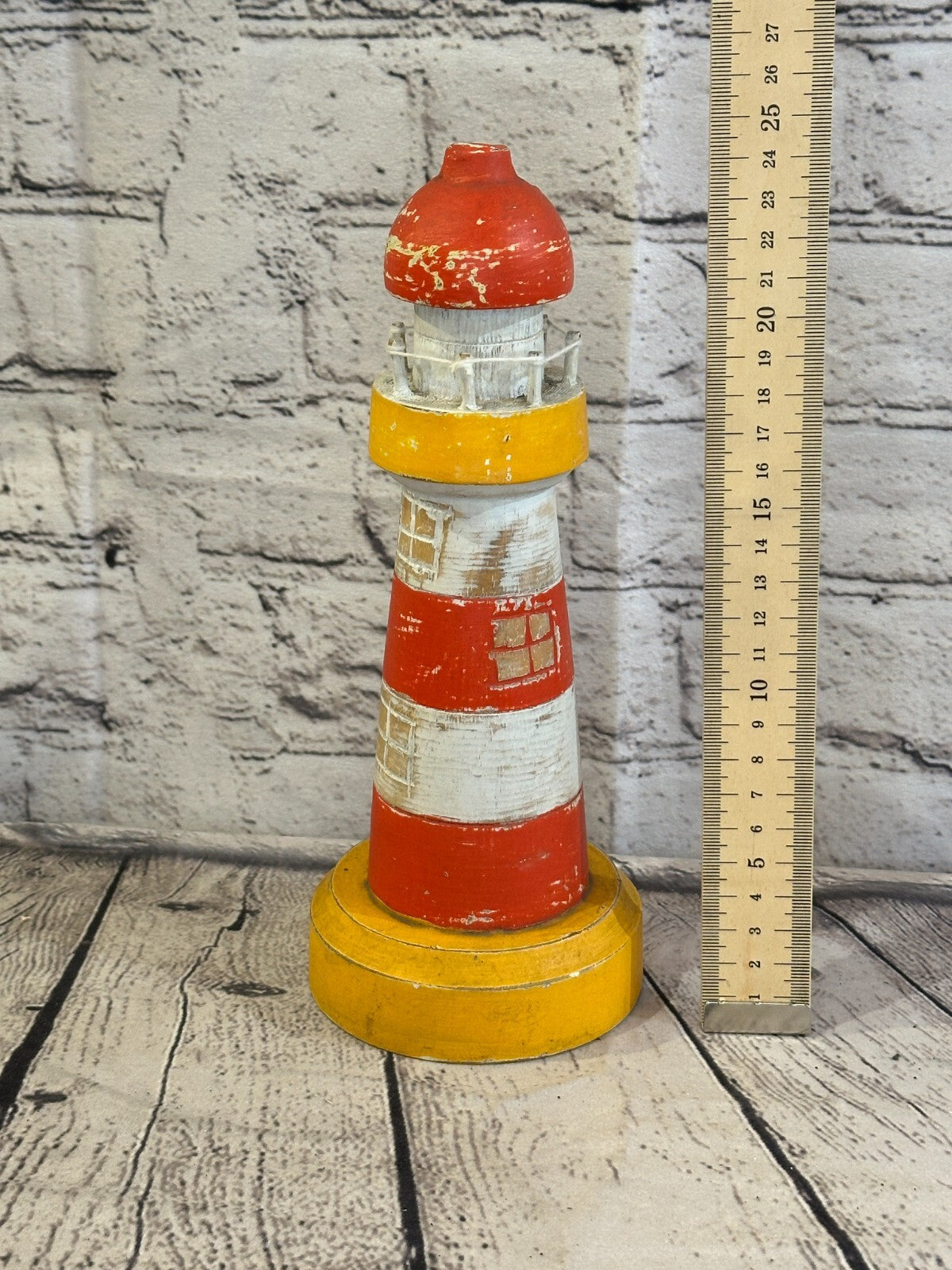 25cm Red White Wooden Lighthouse Ornament Nautical Coastal Sculpture Statue