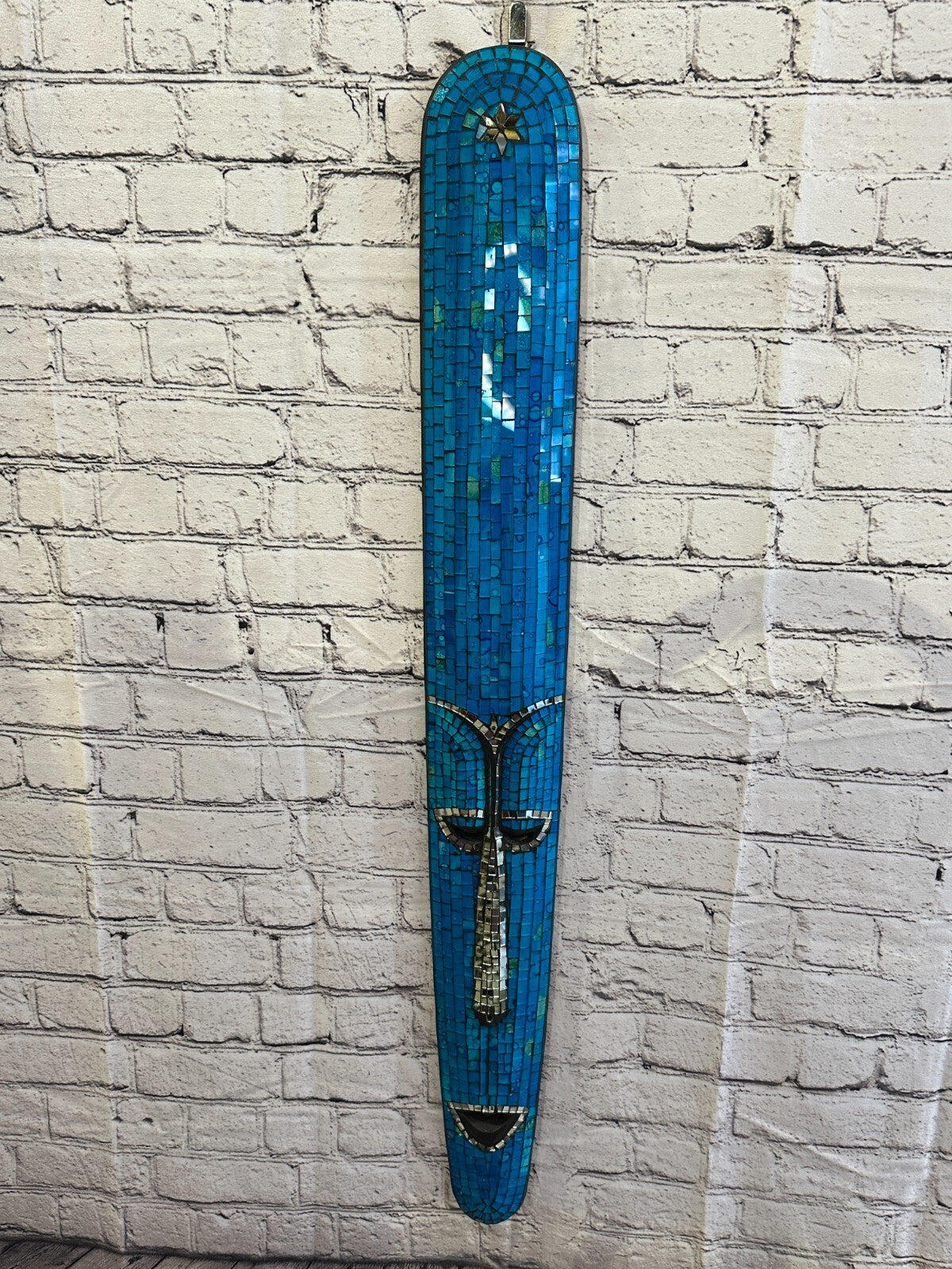 80cm Blue Mosaic Mirror Mask Carved Painted Ethnic Tribal Wall Art Handmade