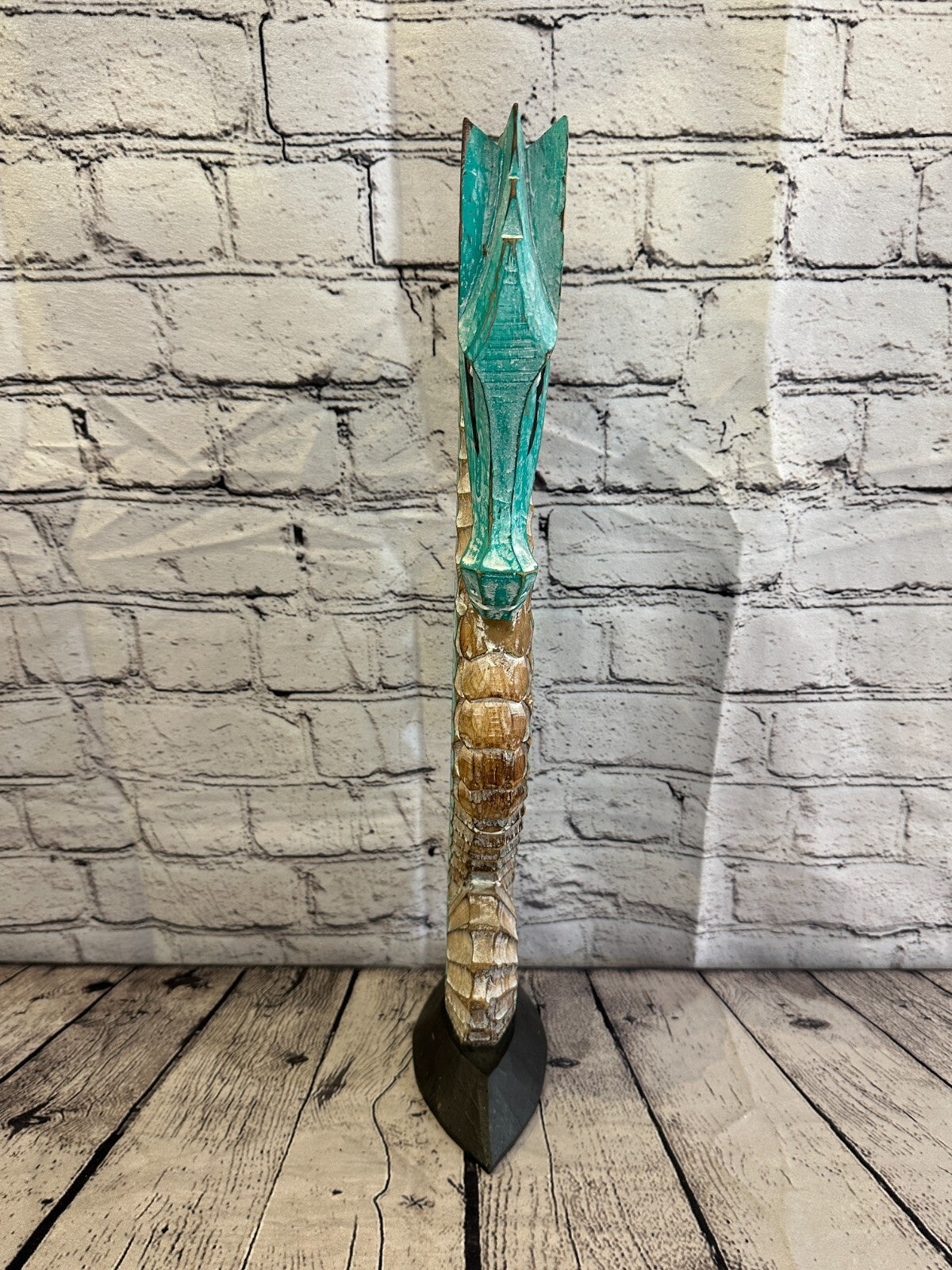 50cm Green Brown Wooden Shabby Seahorse Statue Ornament Fair Trade Handcarved