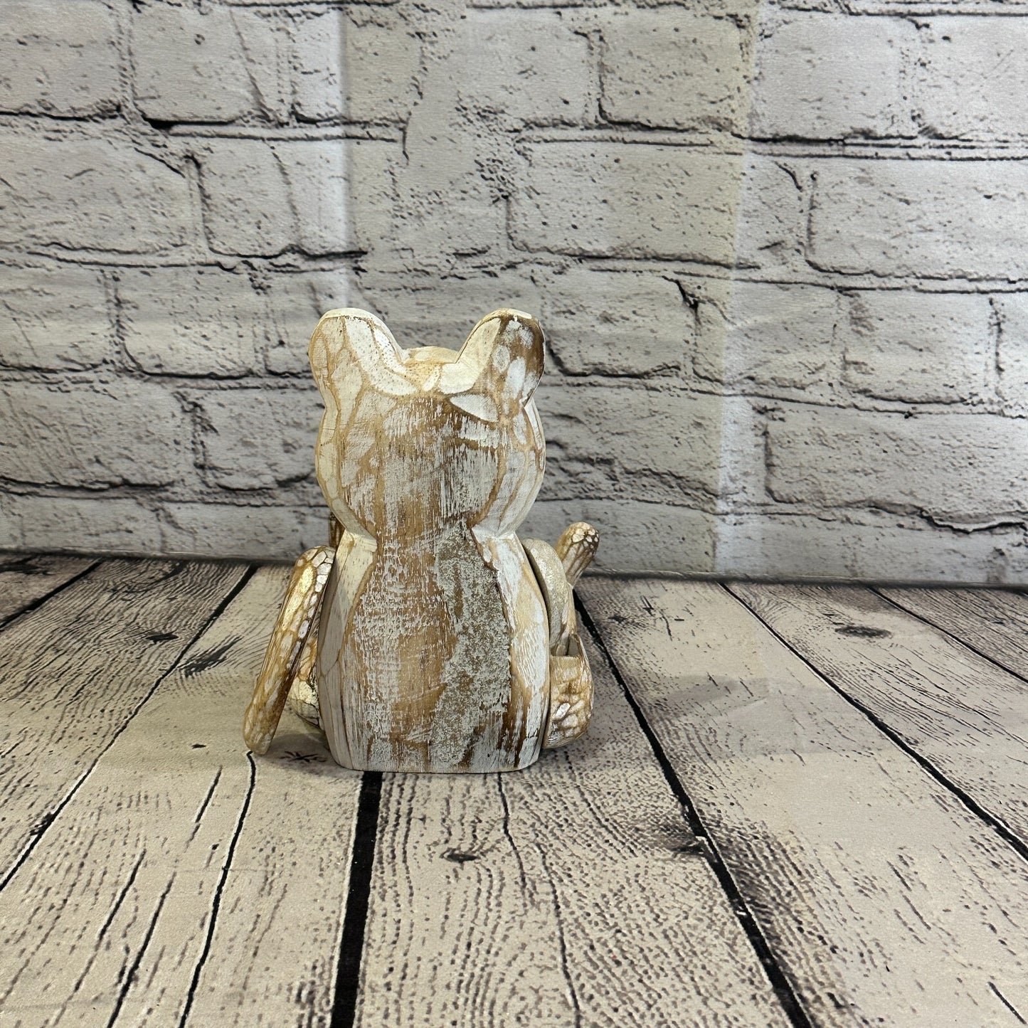 18cm Shabby White Teddy Sitting Animal Wooden Shelf Ornament Handmade Fairtrade