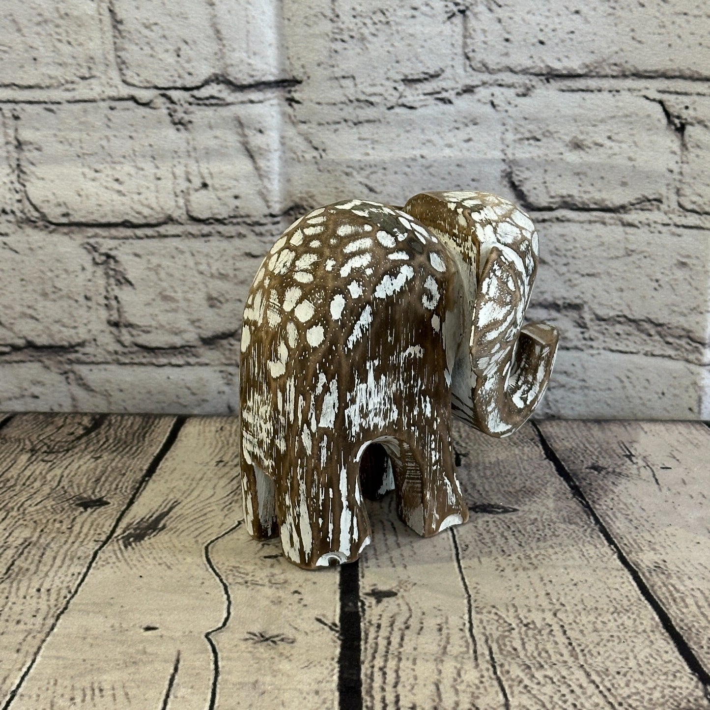 Brown Wooden Elephant With Shabby Pattern 12cm x 12cm Handmade and Fairtrade