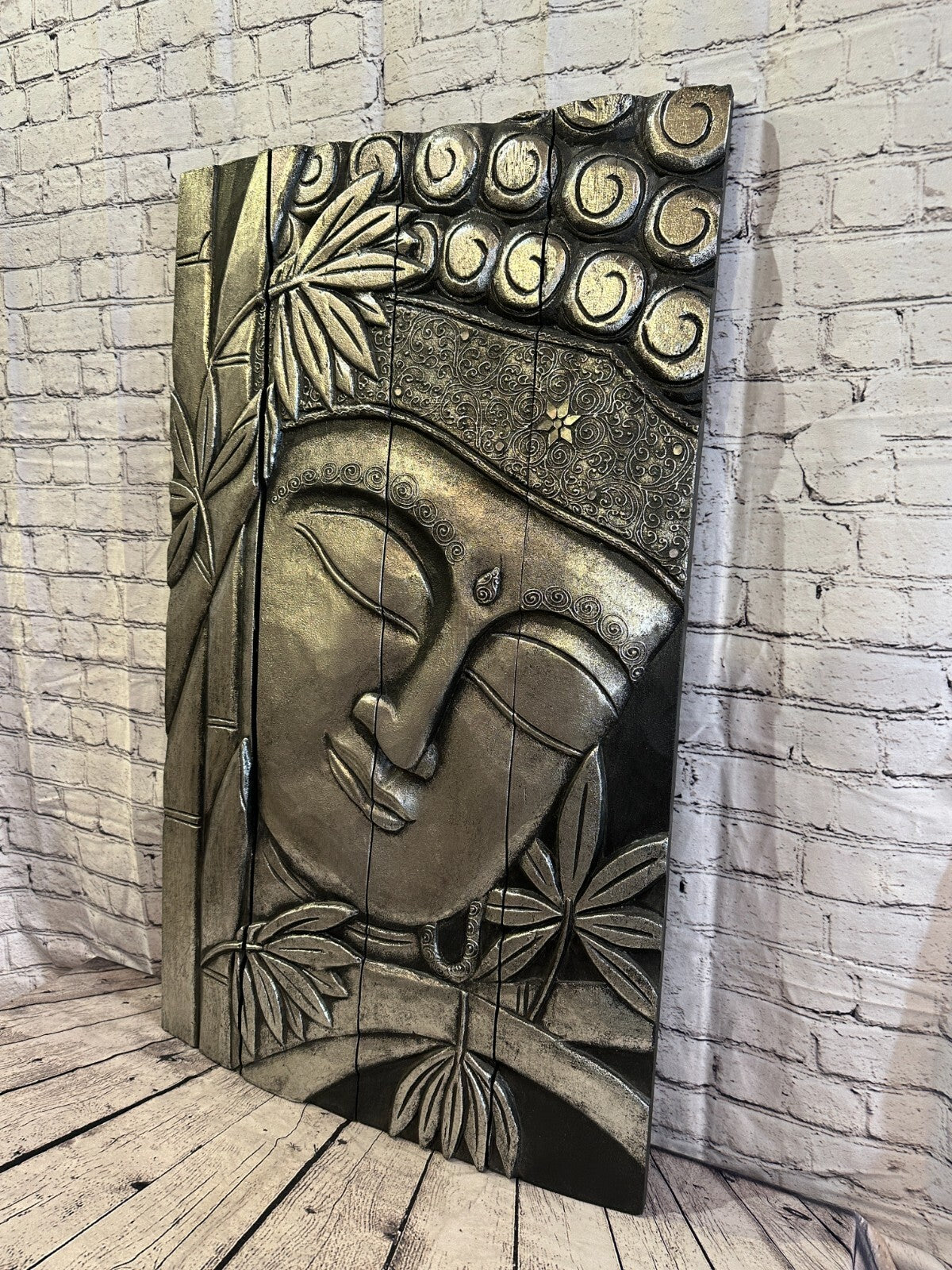 100cm x 60cm Buddha Silver Panel Wooden Wood Panel Wall Art Plaque Handcarved
