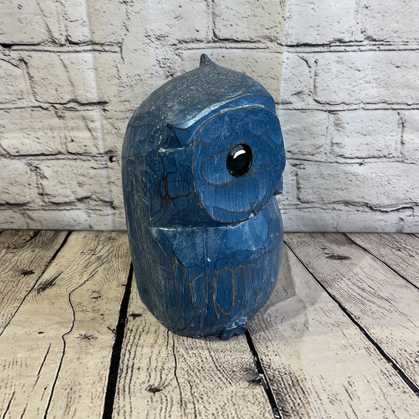 20cm x 15cm Blue Flower Wooden Shabby Owl Statue Ornament Fair Trade Handcarved