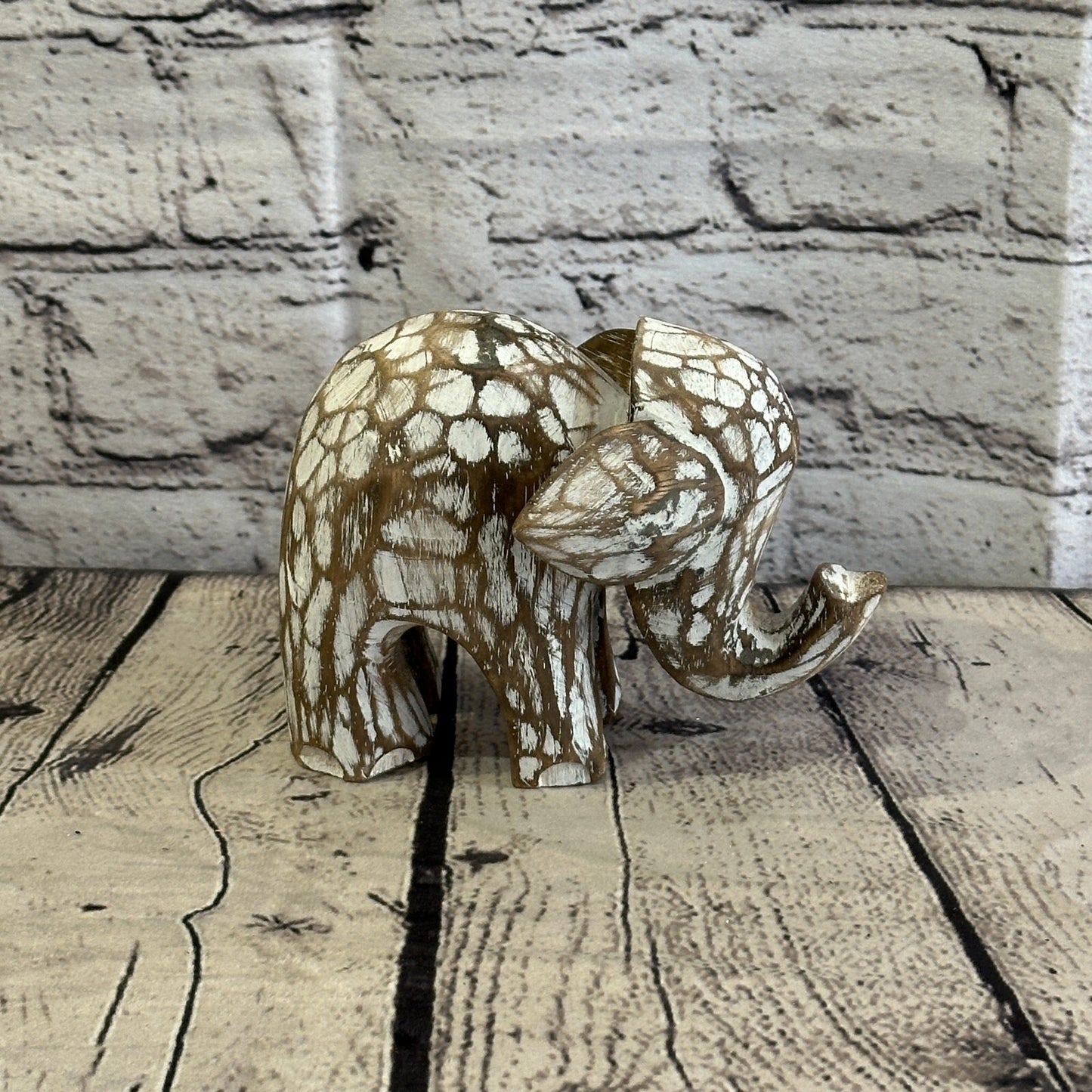 Brown Wooden Elephant With Shabby Pattern 10cm x 10cm Handmade and Fairtrade