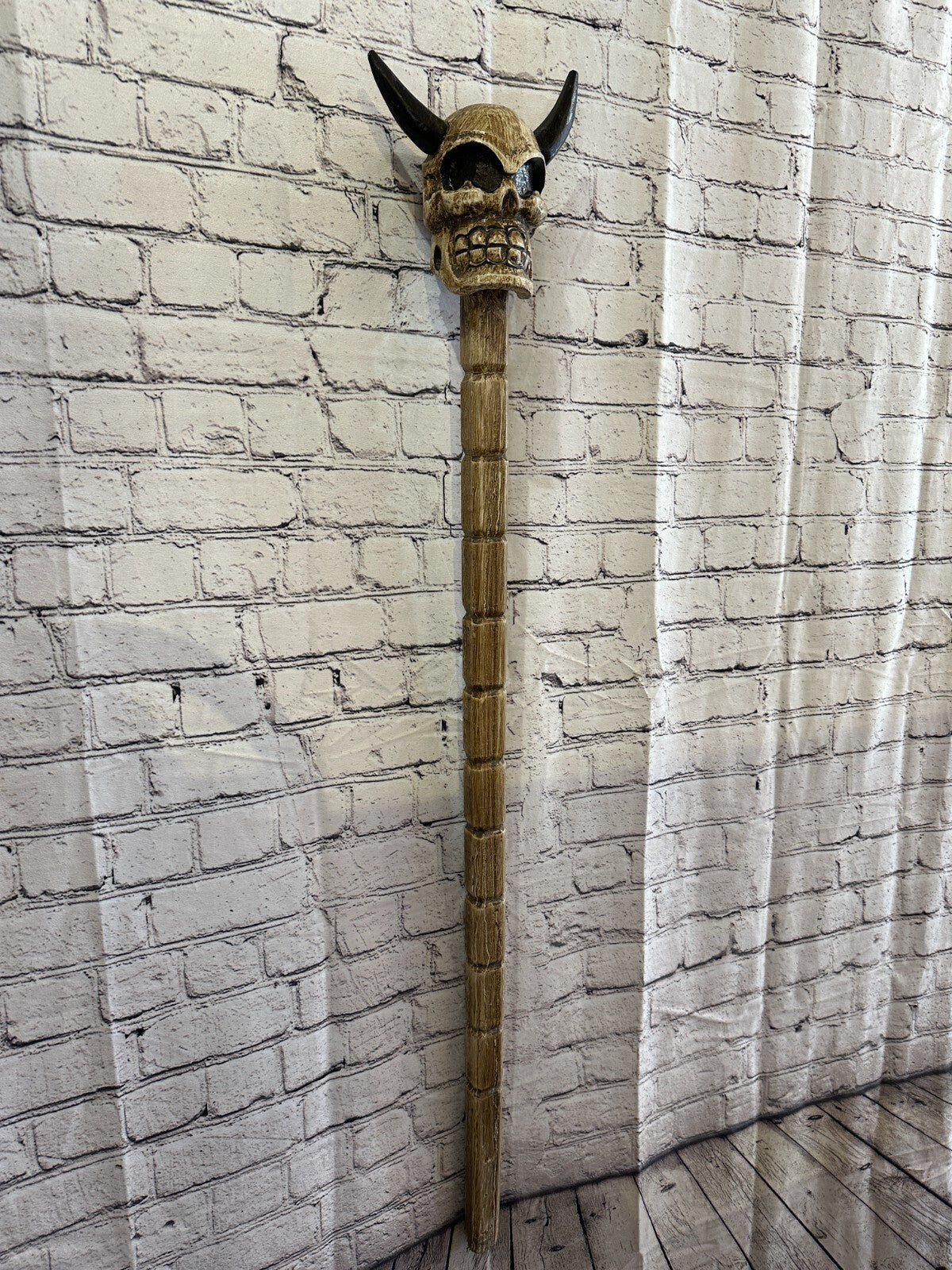 Skull Head With Horns 100cm Tribal Walking Stick Cane Hand Carved Light Wood