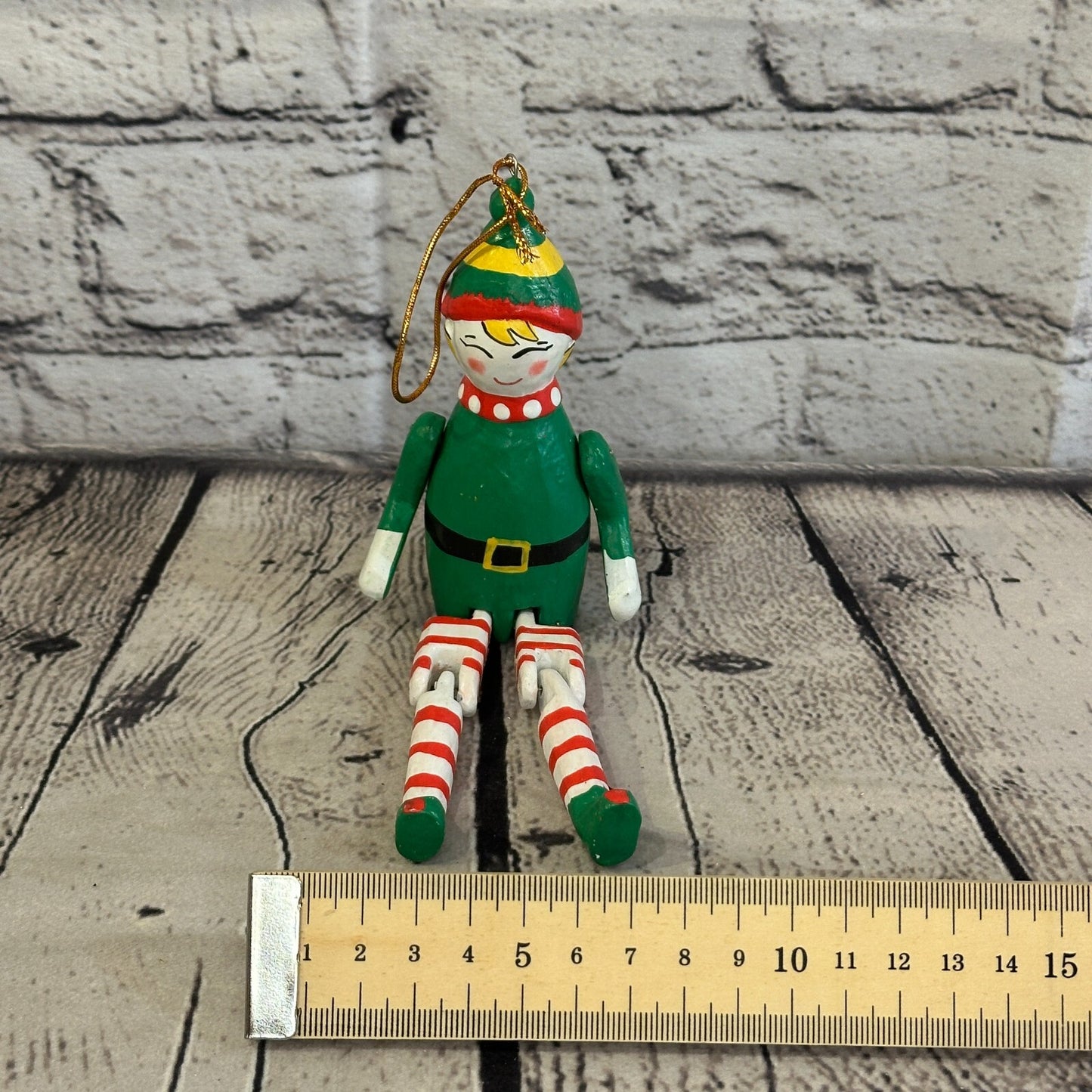 10cm Christmas Elf Sitting Animal, Wooden Shelf Ornament Handmade and Fairtrade