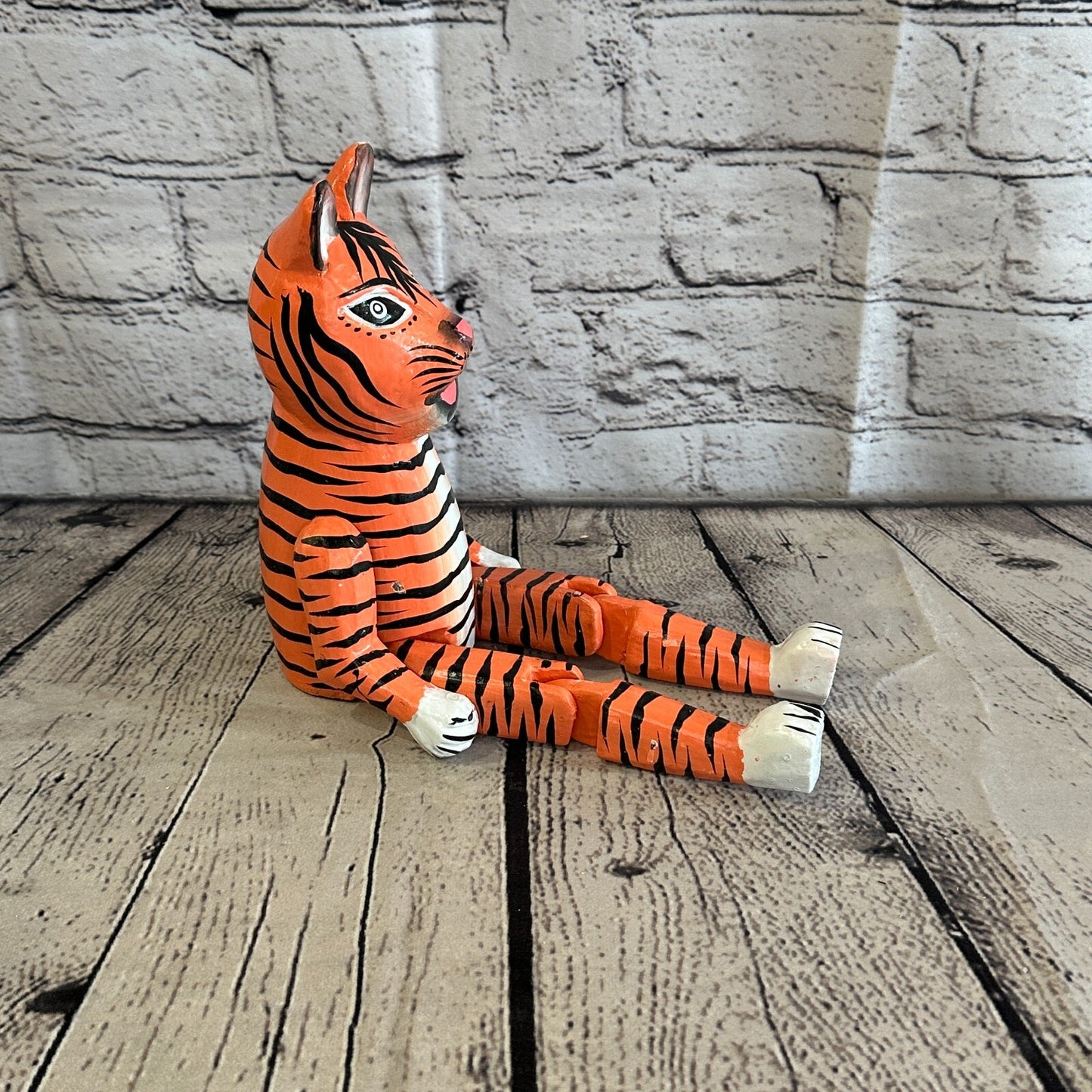 20cm Orange Tiger Sitting Animal, Wooden Shelf Ornament Handmade & Fairtrade