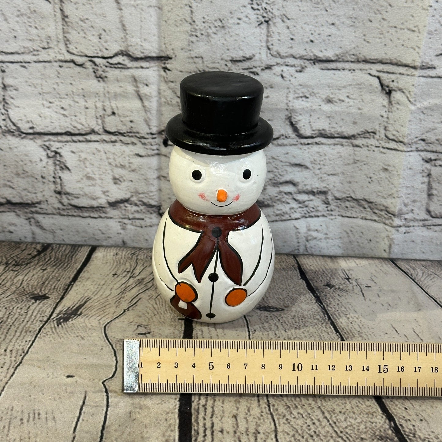 15cm x 8cm Black Top Hat Snowman Handcrafted Wood Xmas Christmas Ornament