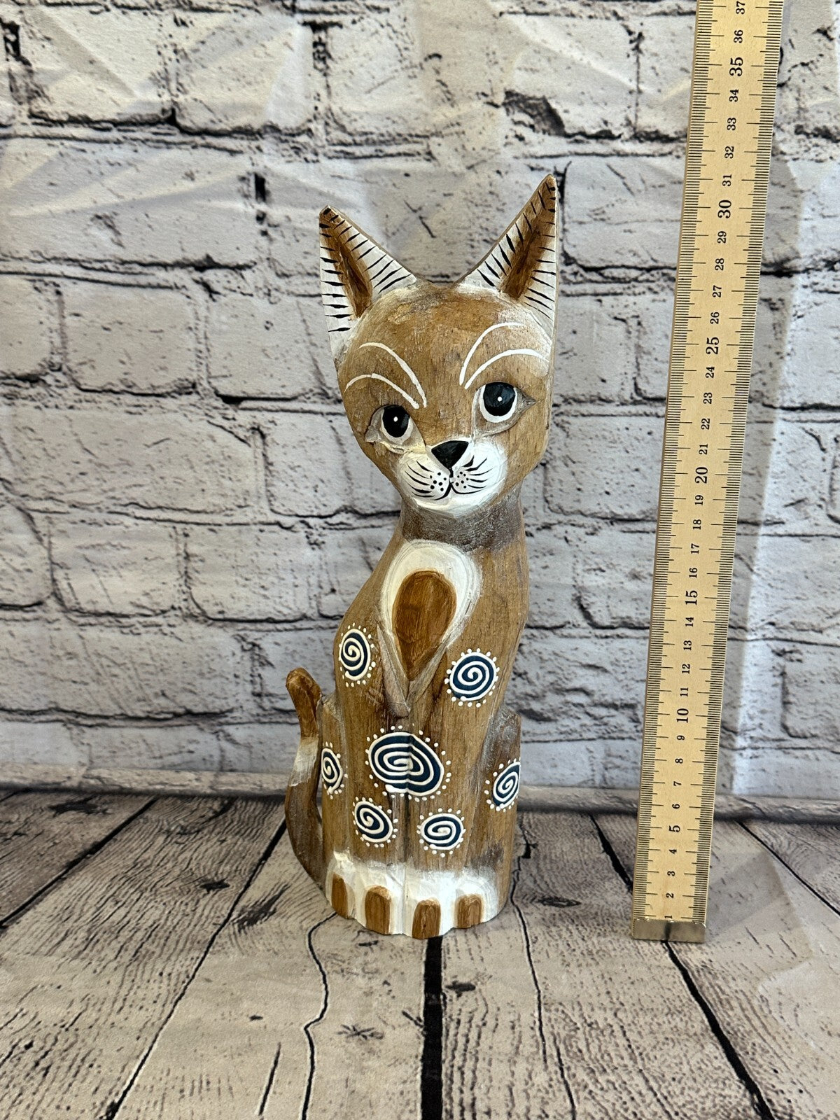 30cm Light Brown Flower Wooden Shabby Cat Statue Ornament Fair Trade Handcarved