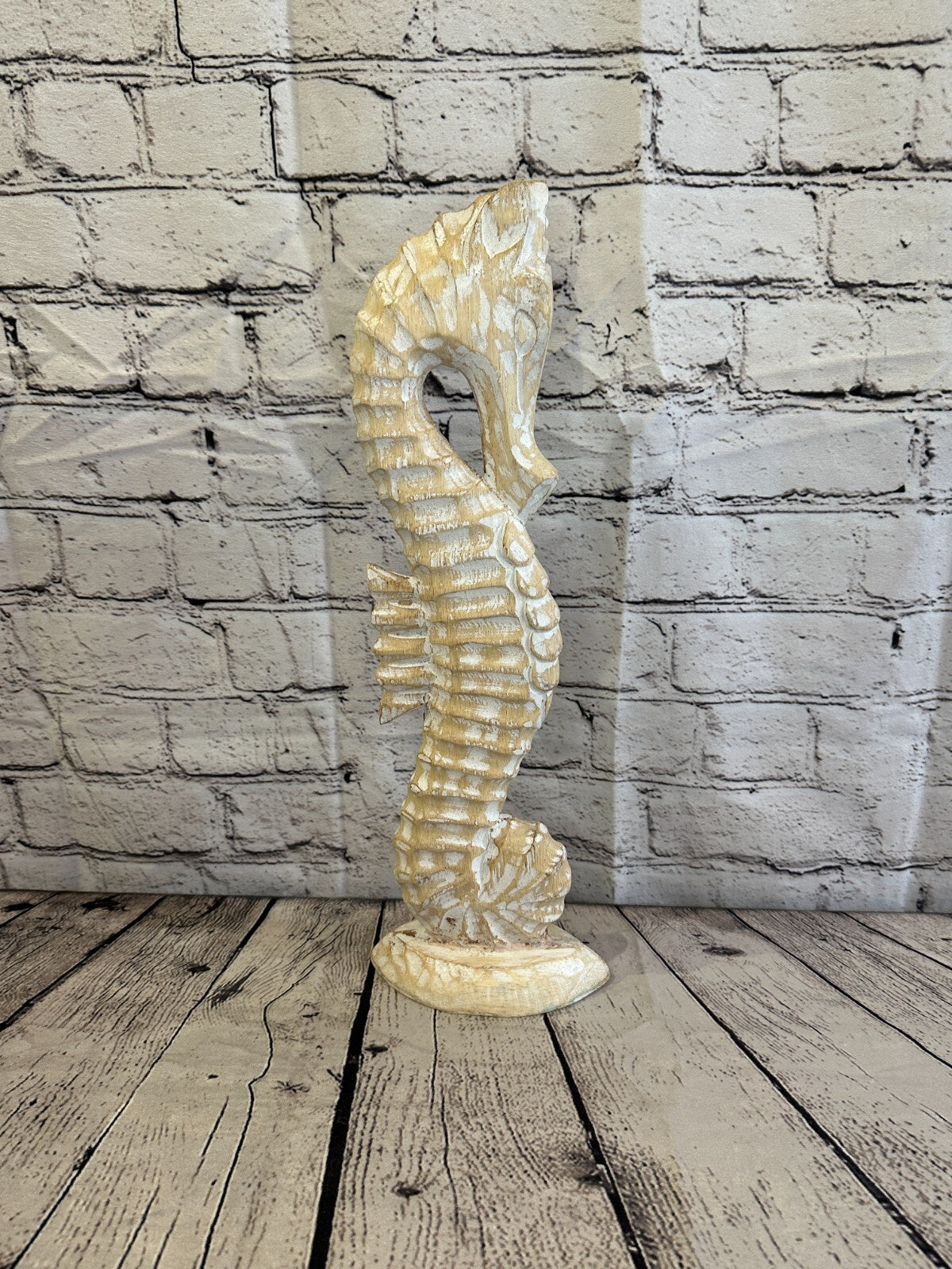 40cm White Plain Wooden Shabby Seahorse Statue Ornament Fair Trade Handcarved