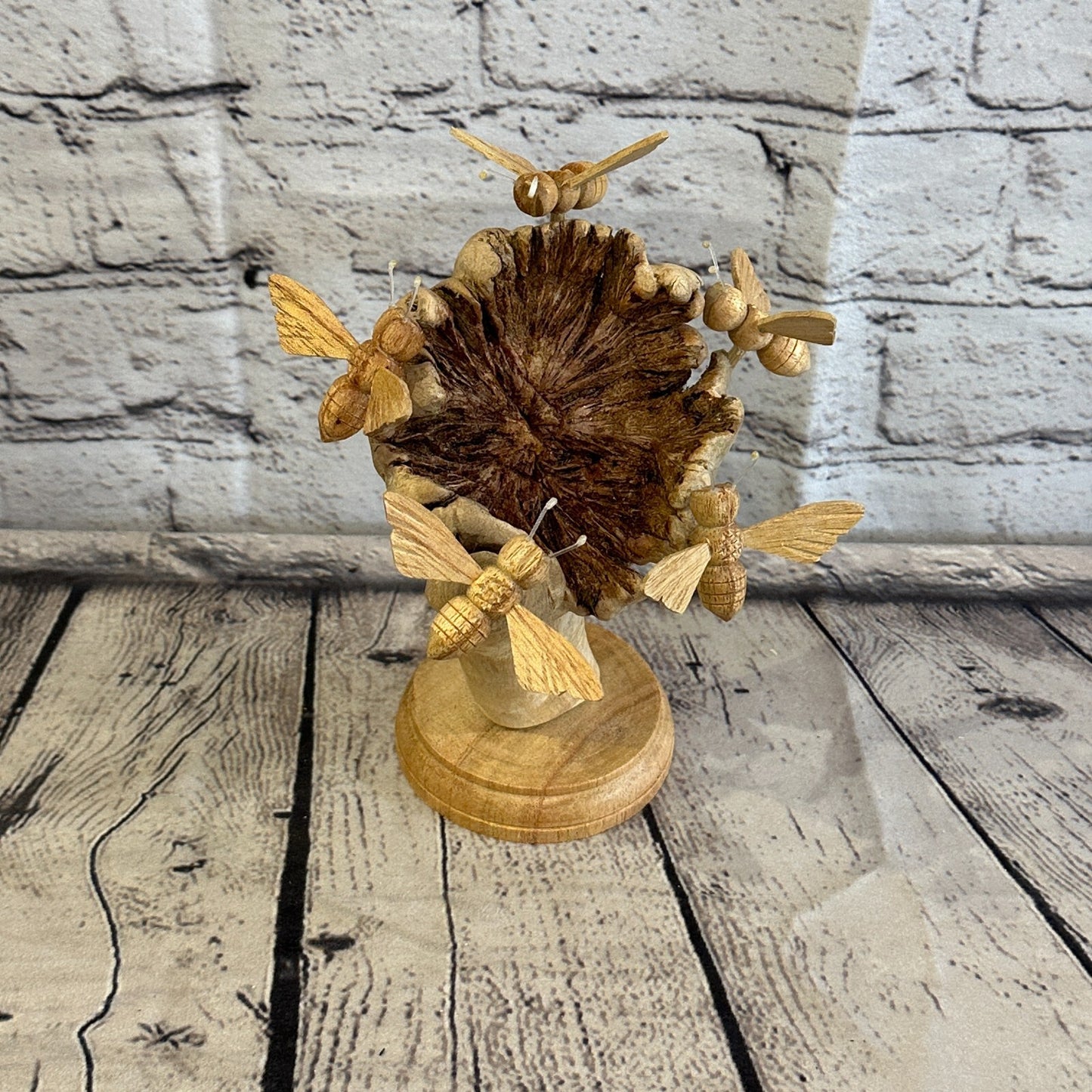 5 Bees Honeycomb Mushroom Parasite Wood Ornament Natural Carving Wooden Standing