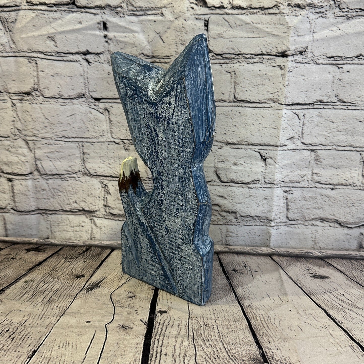 30cm x 12cm Blue Flower Wooden Shabby Cat Statue Ornament Fair Trade Handcarved