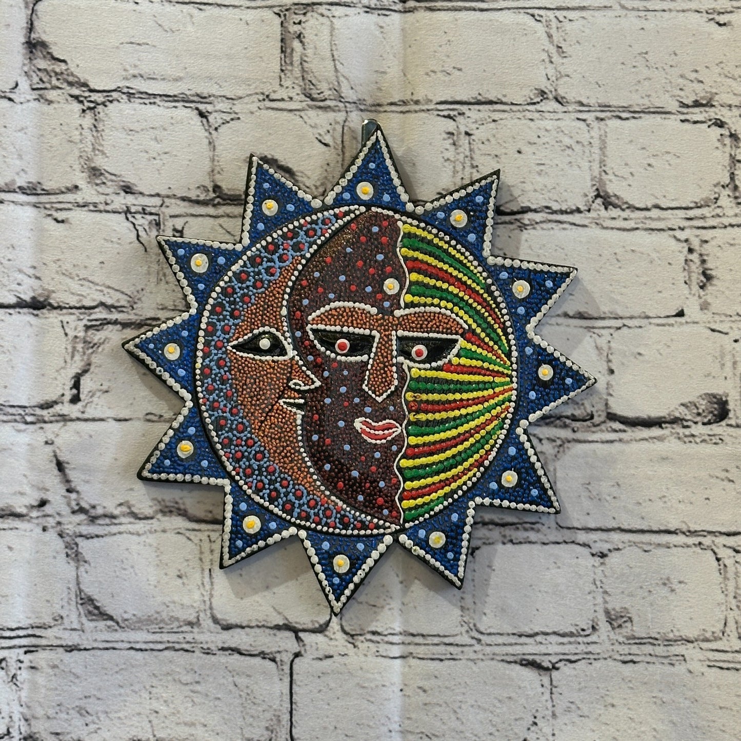 25cm Sun & Moon Carved Wooden Dot Painted Ethnic Tribal Tiki Wall Handmade No 2