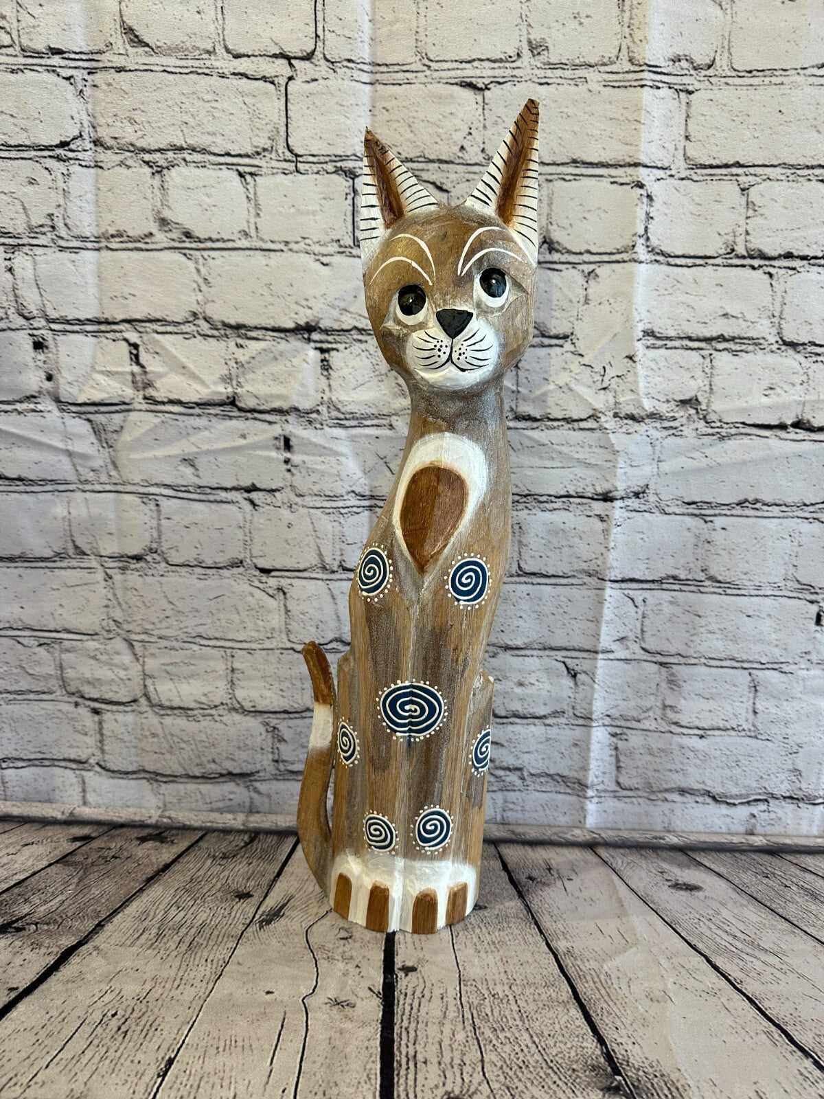 50cm Light Brown Flower Wooden Shabby Cat Statue Ornament Fair Trade Handcarved