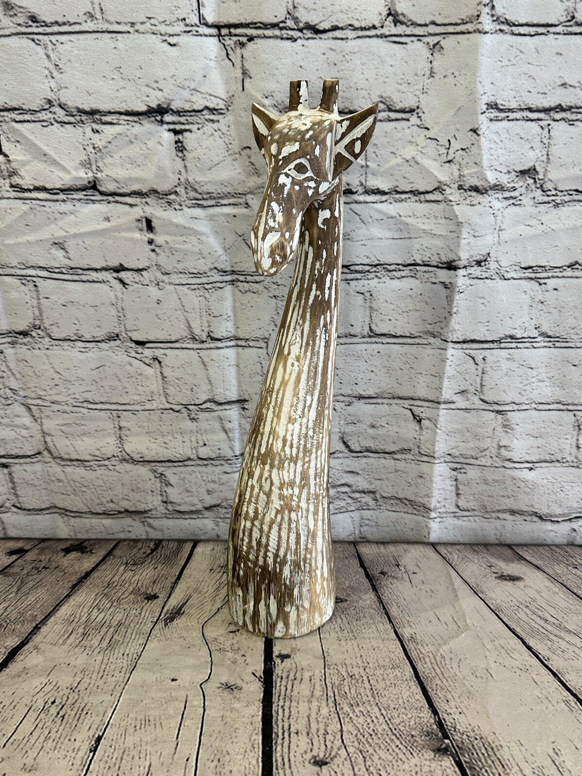 Brown Wooden Giraffe Head With Shabby Pattern 40cm x 10cm Handmade and Fairtrade