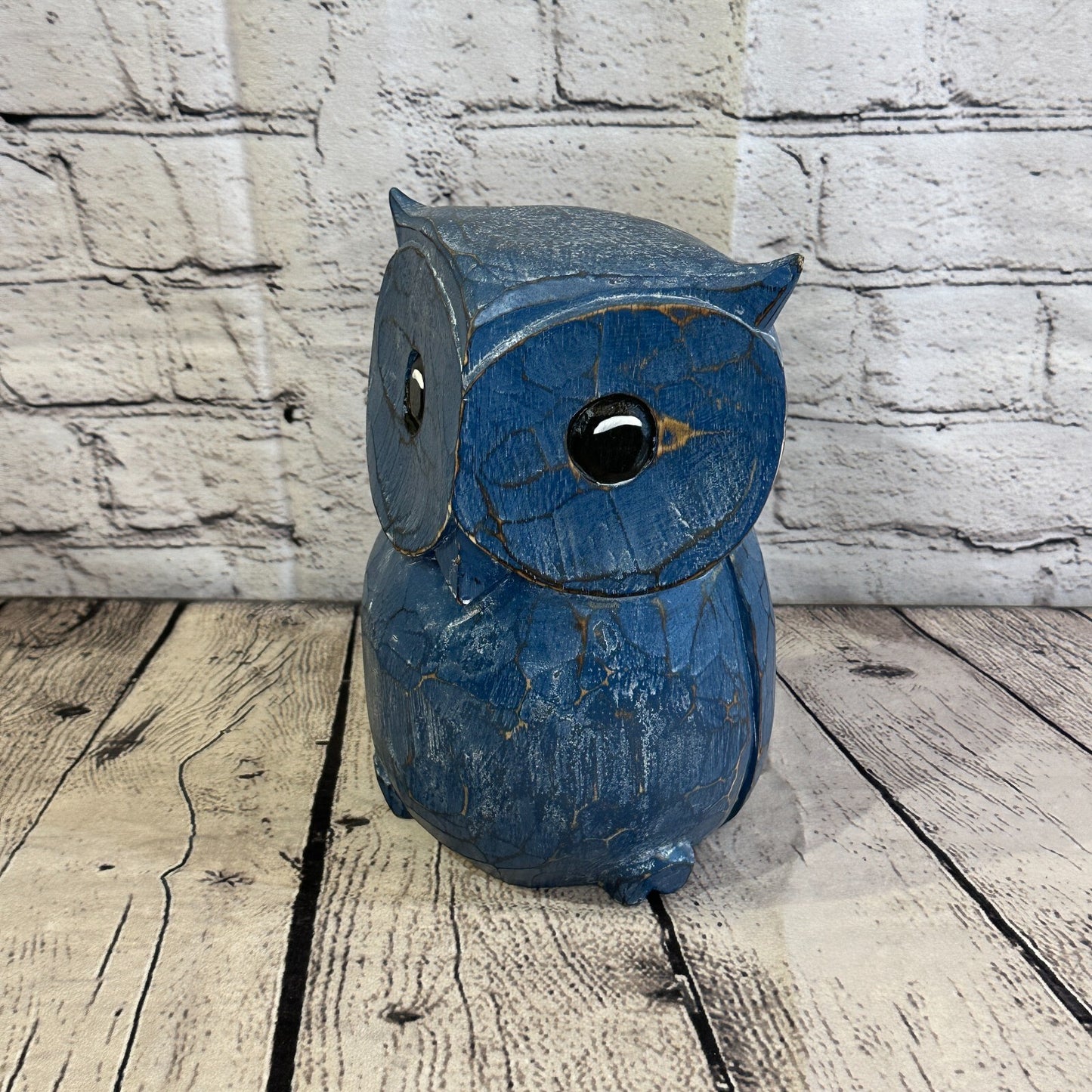 20cm x 15cm Blue Flower Wooden Shabby Owl Statue Ornament Fair Trade Handcarved