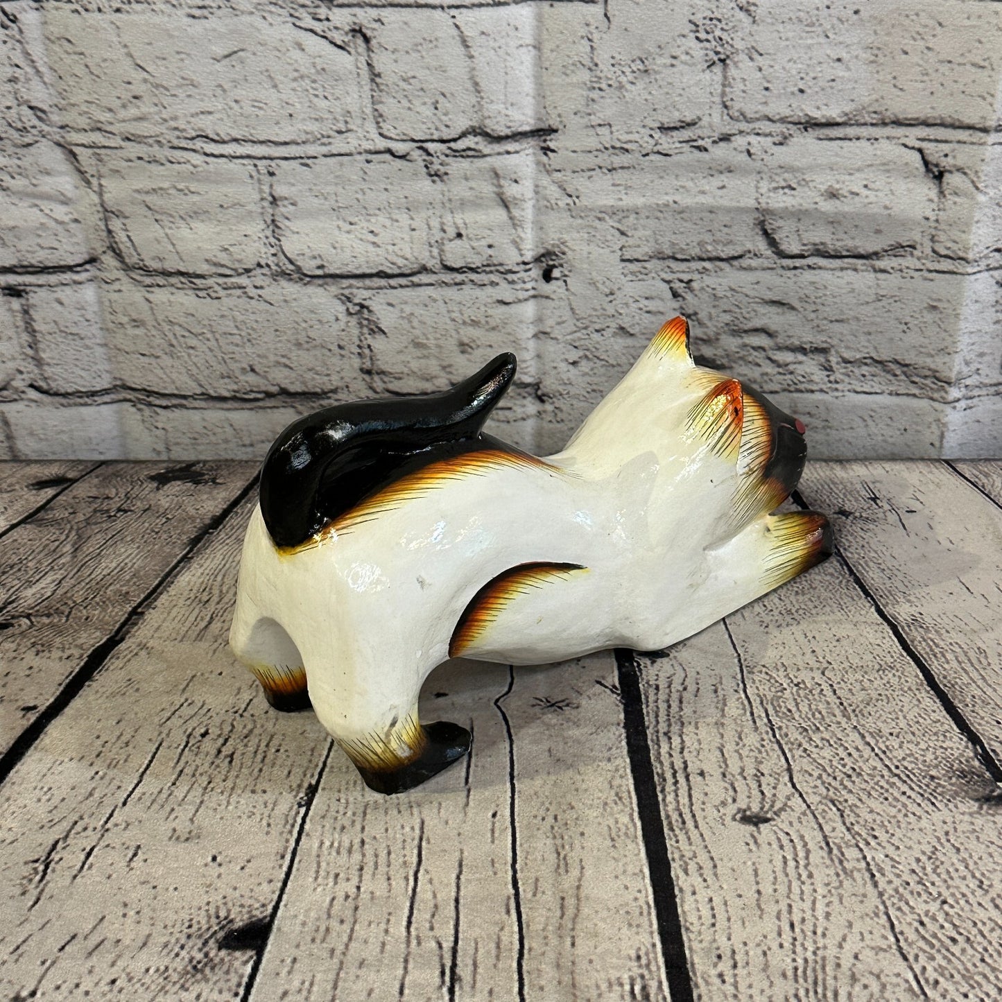 22cm x 14cm Siamese Style Painted Wooden Hand Carved Stretching Cat Wooden