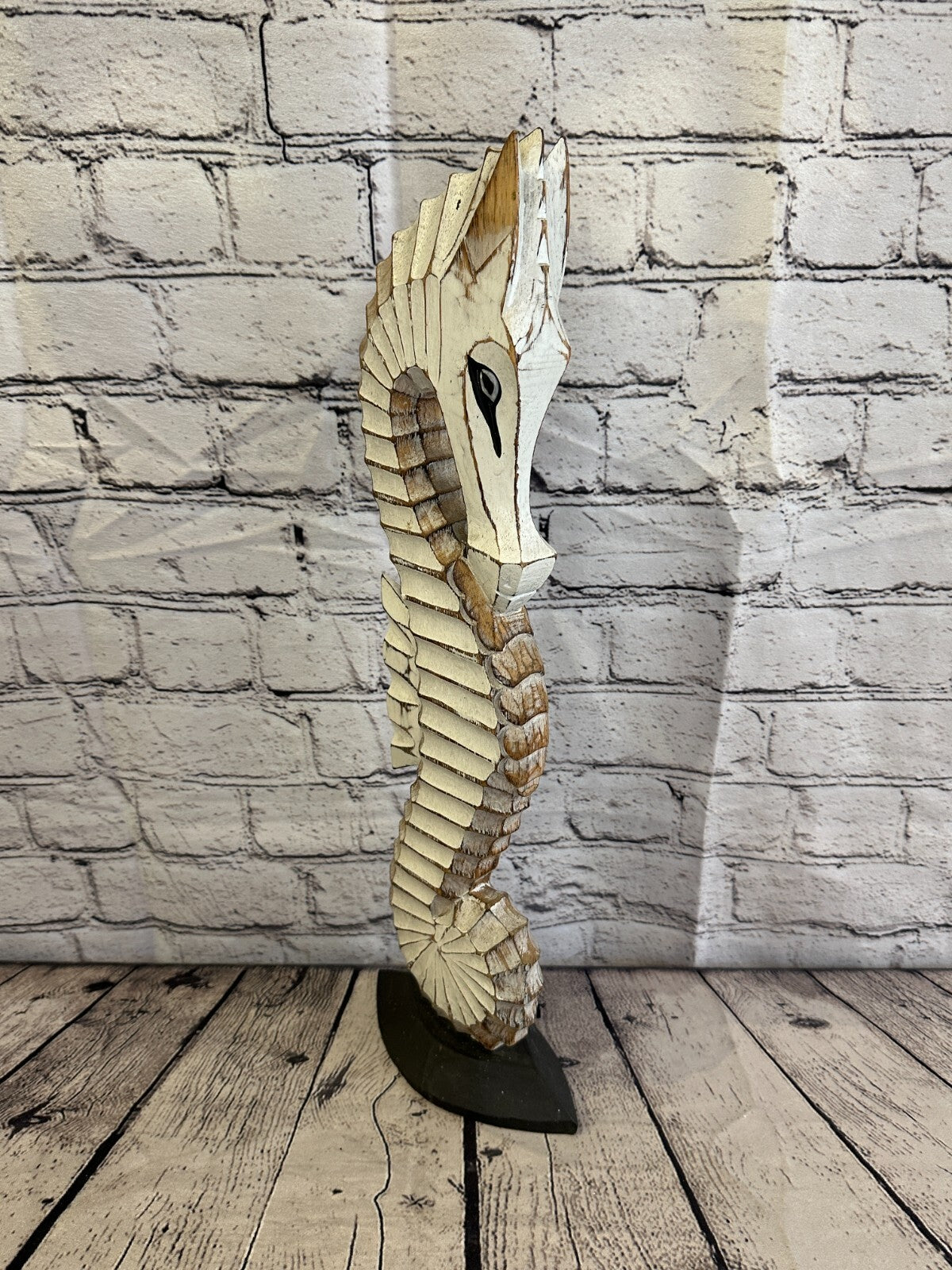 50cm White Brown Wooden Shabby Seahorse Statue Ornament Fair Trade Handcarved