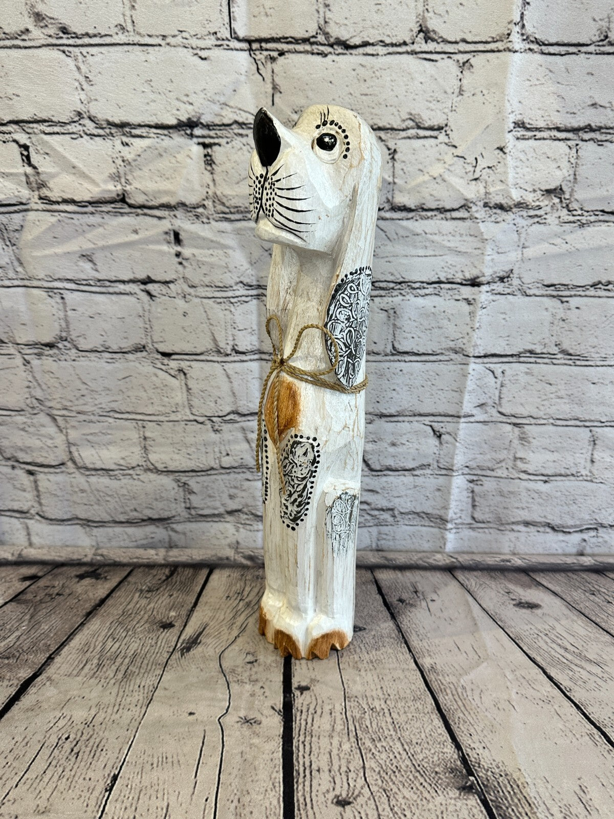 40cm White Flower Wooden Shabby Dog Statue Ornament Fair Trade Handcarved