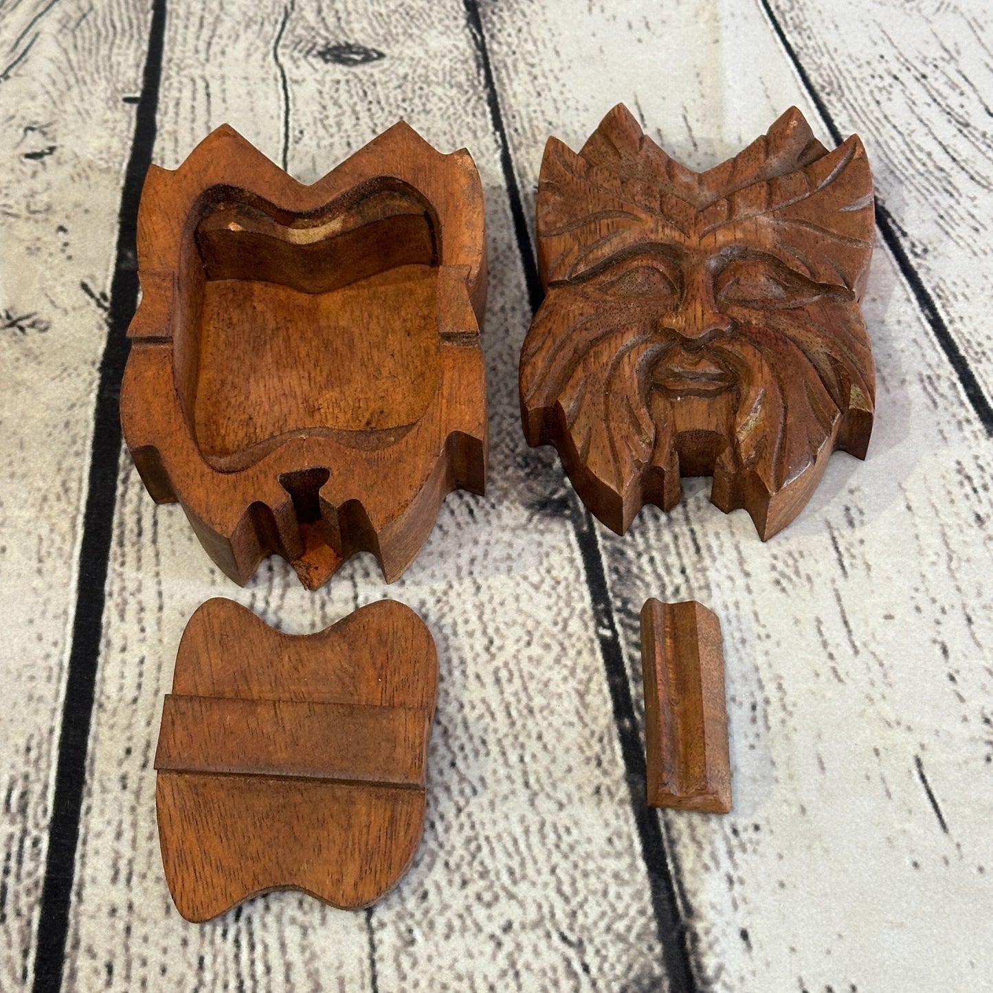 Carved Green Man Head 4 Bit Wooden Puzzle Box Secret Box Magic Trinket Handmade
