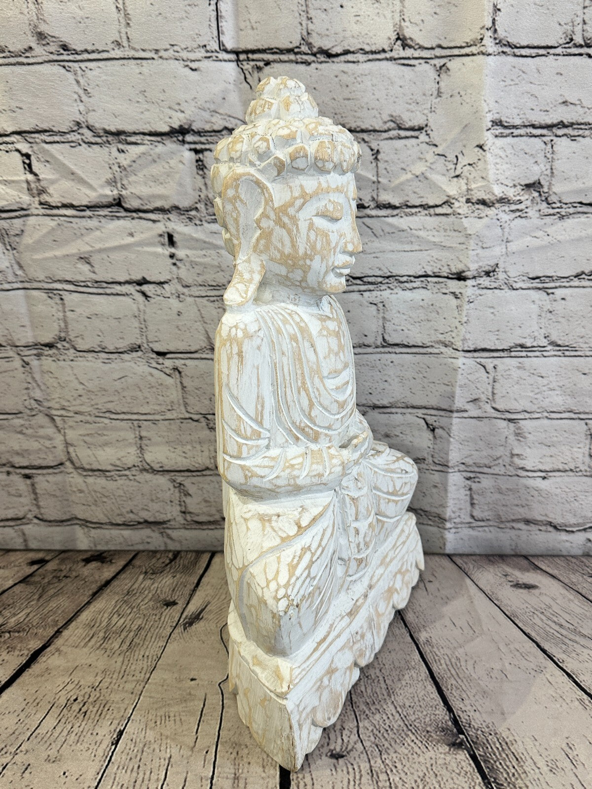 40cm x 20cm White Buddha Wooden Standing Statue Figurine Ornament Fair Trade