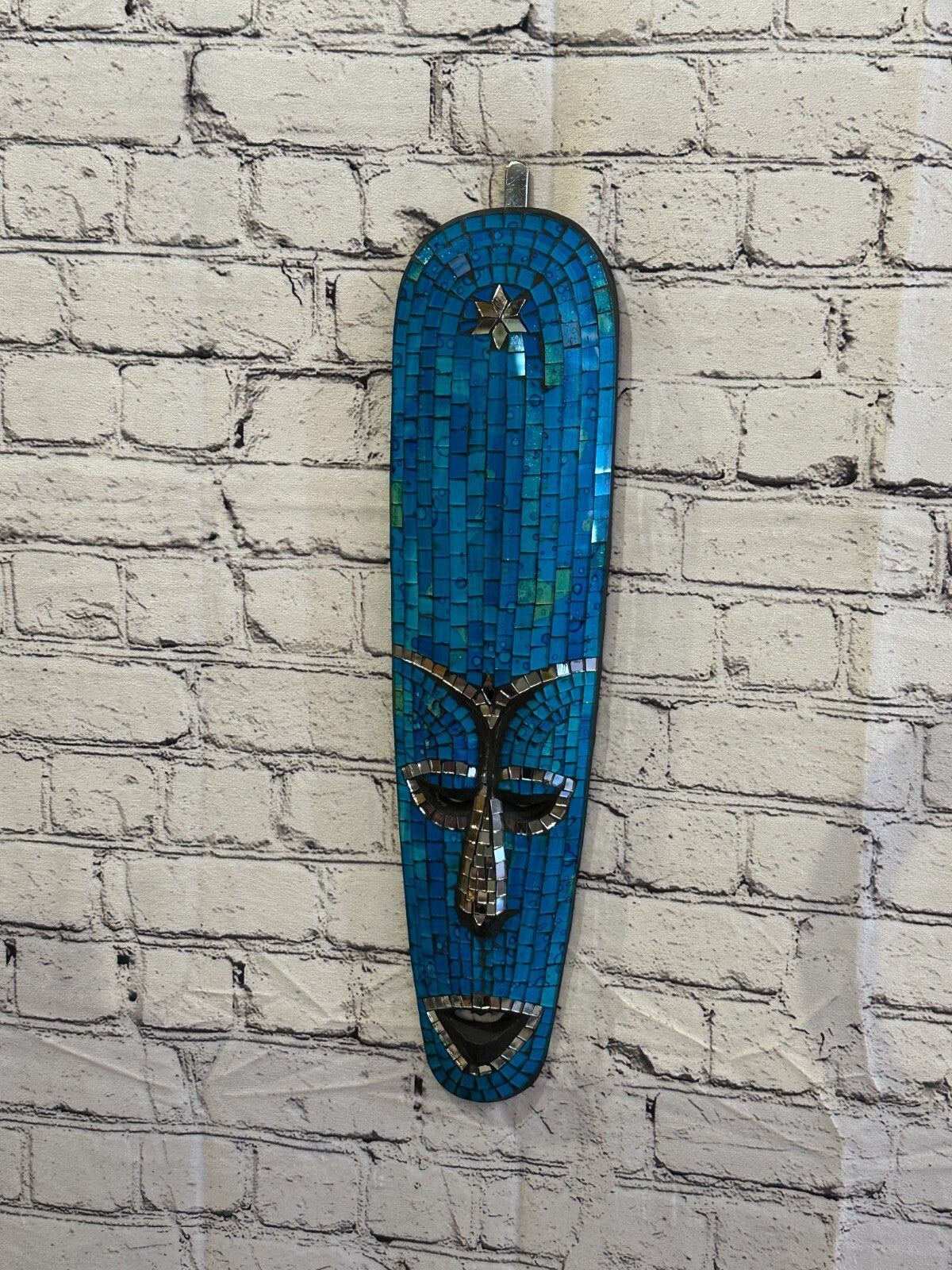 50cm Blue Mosaic Mirror Mask Carved Painted Ethnic Tribal Wall Art Handmade