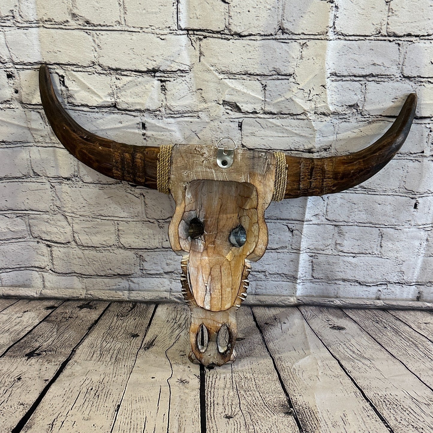 50cm x 40cm Brown Carved Wood Cow Bison Skull Head Wall Mounted Art Large Shabby