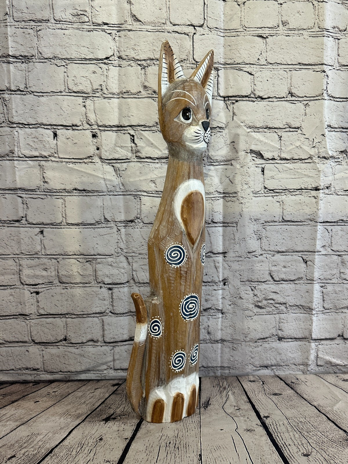 60cm Light Brown Flower Wooden Shabby Cat Statue Ornament Fair Trade Handcarved