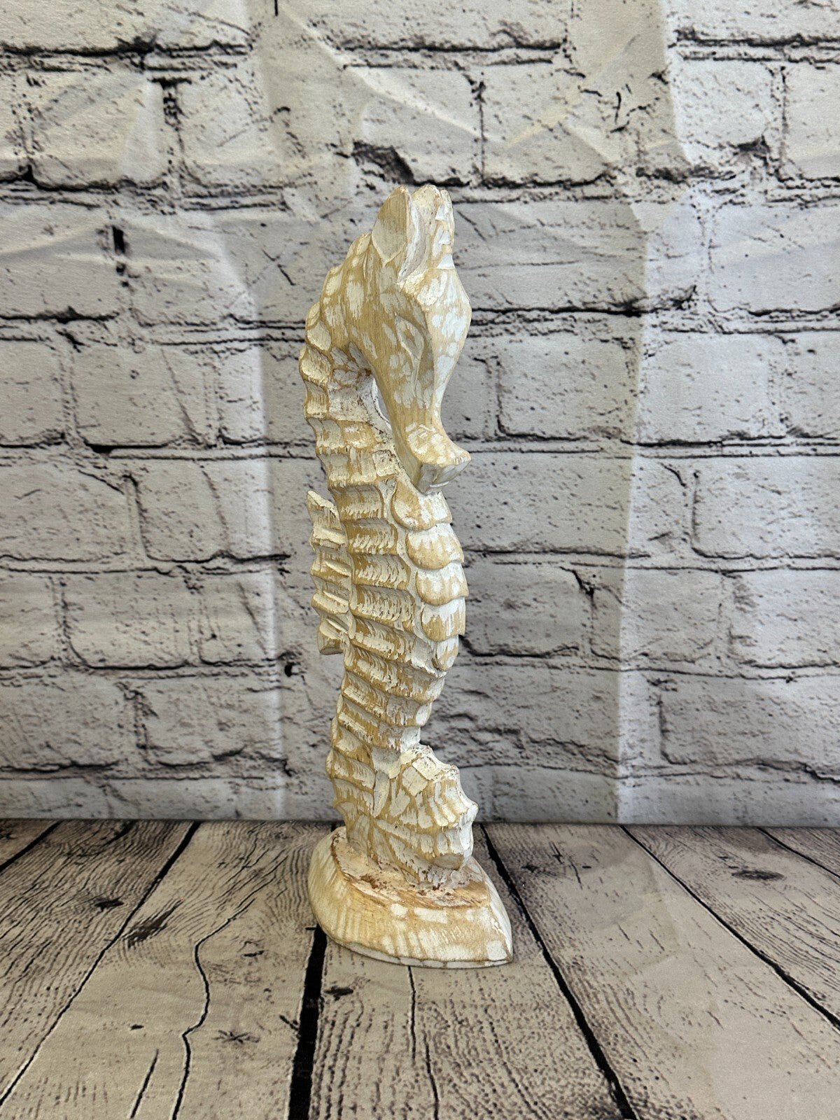 30cm White Plain Wooden Shabby Seahorse Statue Ornament Fair Trade Handcarved